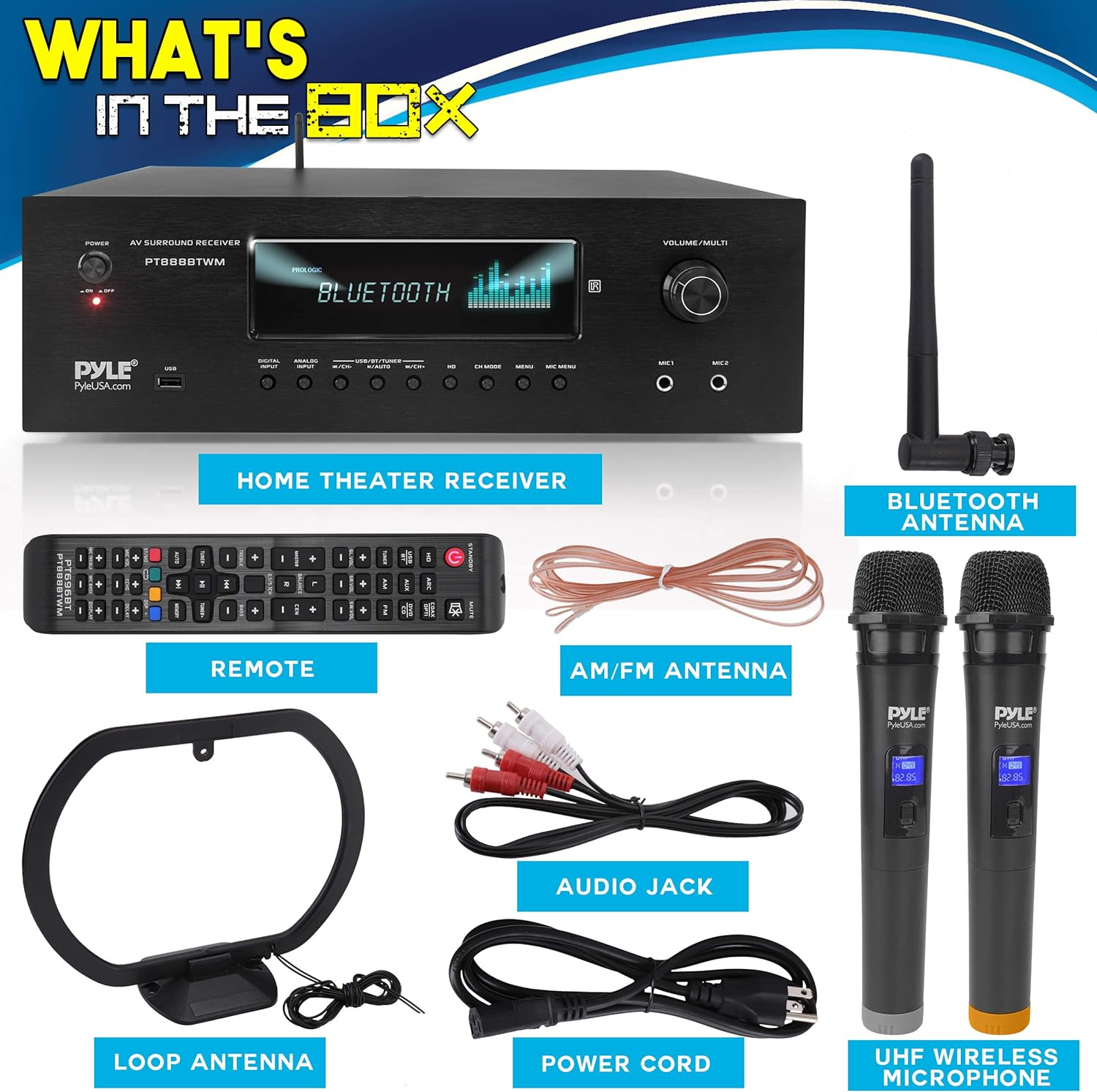 1000W Bluetooth Home Theater Karaoke Receiver - 5.2-Ch Stereo Amplifier 2 UHF Wireless Microphone Video Pass-Through Supports, MP3/USB/HDMI/AM/FM Radio - Pyle PT888BTWM, Black image number 6