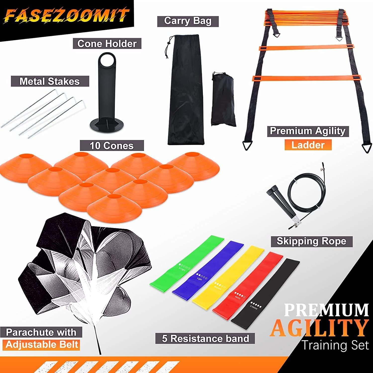 Speed Agility Training Set, Includes 12 Rung Agility Ladder,10 Disc Cones, Jump Rope, Resistance Bands, Running Parachute, Holder, for Football, Hockey Training Athletes image number 1