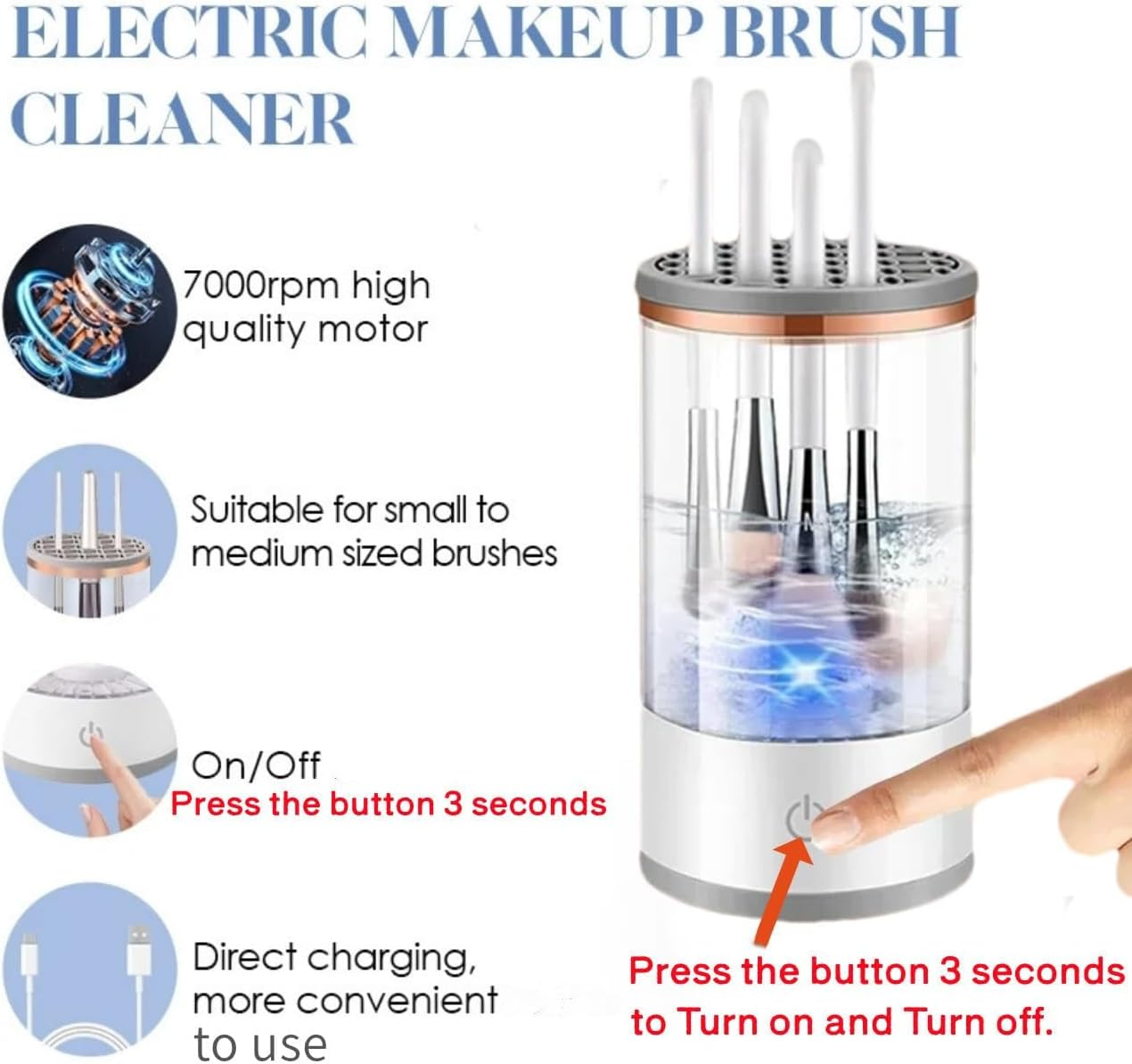 Makeup Brush Cleaner Machine, Automatic Cosmetic Brush Cleaner Makeup Brush with Brush Clean Mat，Electric Makeup Brush Cleaner Tools for All Size Makeup Brush image number 3