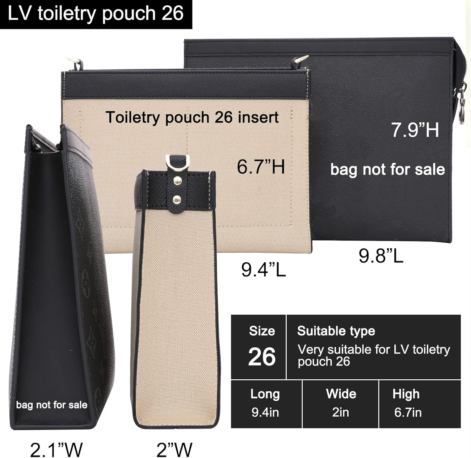 Oaikor Upgraded Purse Insert Organizer Bag Fit Toiletry Pouch 19/26, Black, Large-26, Non-Slip