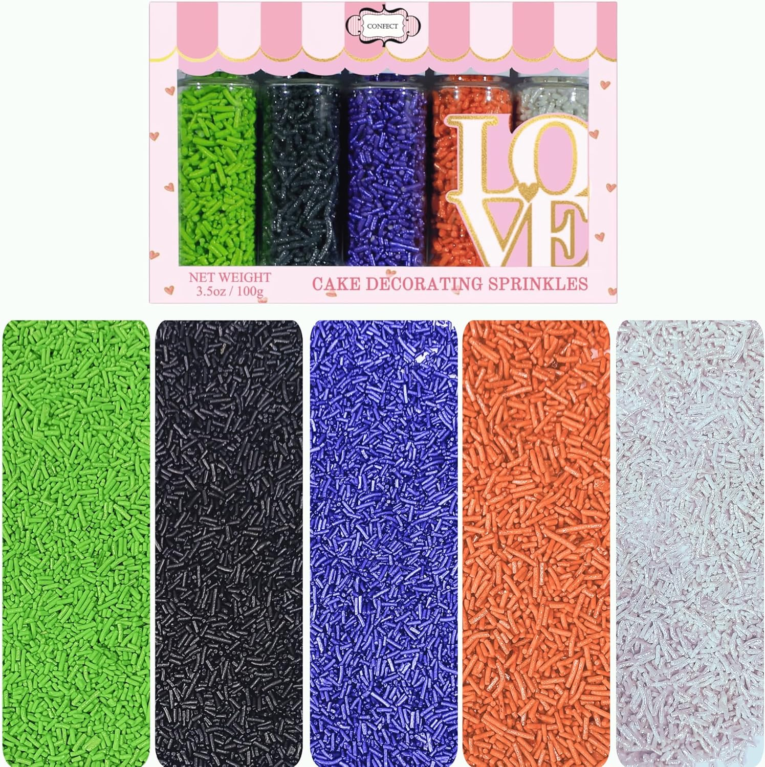 Confect Vermicelli Sprinkles for Baking & Cake Decorative Vermicelli Sprinkles Assorted Pack of 5 Feast of Fears Vermicelli Sprinkles Mix Sliver, Orange, Irish Purple, Black & Lime Green - 3.5Oz