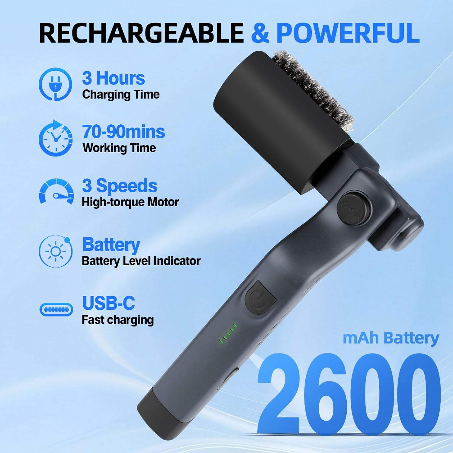 Upgraded Electric Grill Brush, Cordless Rechargeable Grill Cleaning Brush with Adjustable Angle, Stainless Steel Brush Head, 3-Speed Power, 90-Min Runtime, Waterproof Cleaner for BBQ Grates (Gray) - Black image number 6