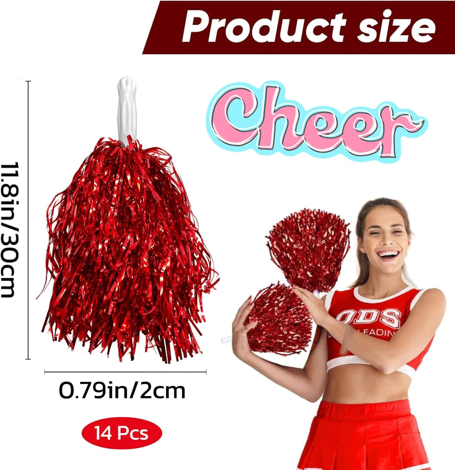 14 Pcs Cheerleader Cheerleading Pom Poms Metallic Foil Pompoms for Sports Meet Team Spirit Cheering Party Dance Supplies Straight Hole, Red image number 5