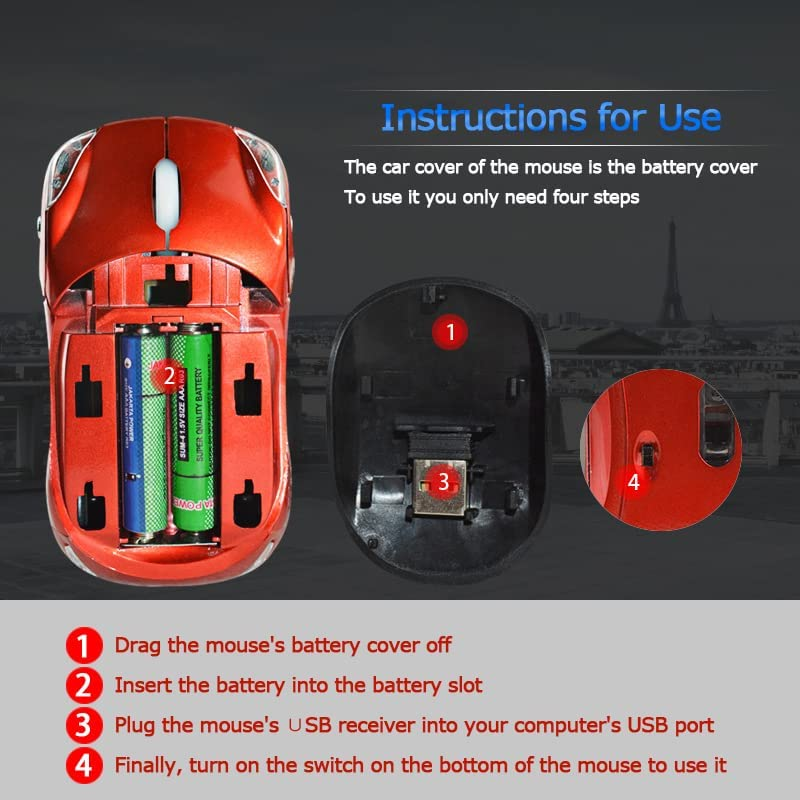 Bewinner Wired Gaming Mice, 2.4G Wireless Optical Smart Red Car‑Shaped Mouse for Laptop PC Tablet Gaming - Red image number 5