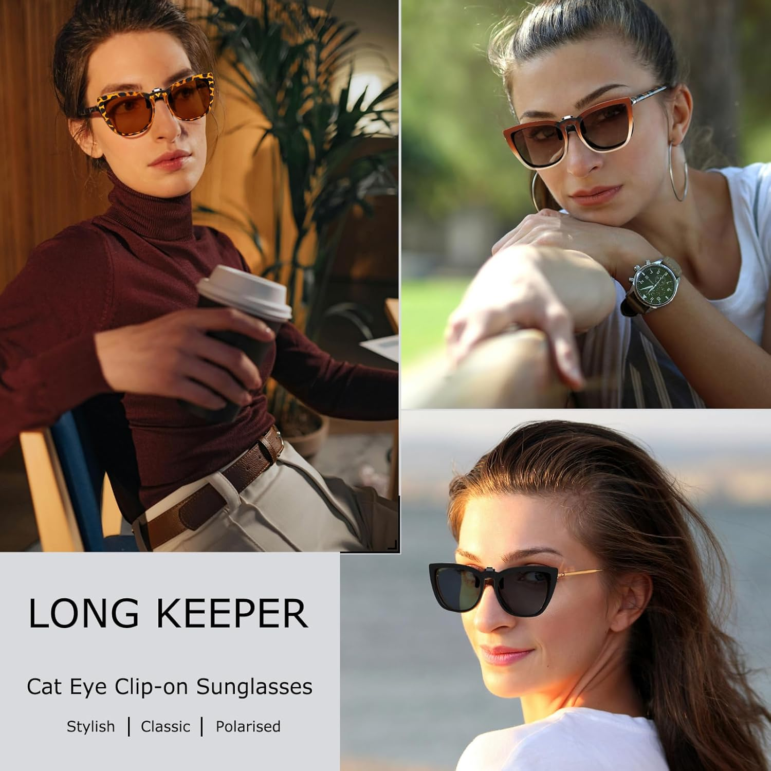 Long Keeper Polarized Clip on Sunglasses over  Women Men with UV Protection Clip on Cat Eyeglasses - Black Leopard Gradient Grey image number 5