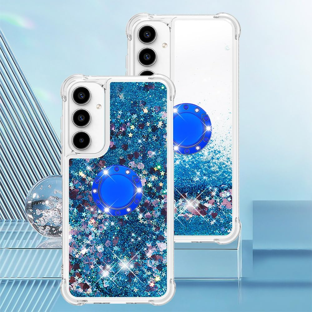 QIWEIQING Case for Samsung Galaxy A55 5G Protective Case with Liquid Glitter, Mobile Phone Case with Glitter Liquid, TPU Silicone with Ring Stand Protective Case for Samsung A55 5G. Blue YBH image number 2