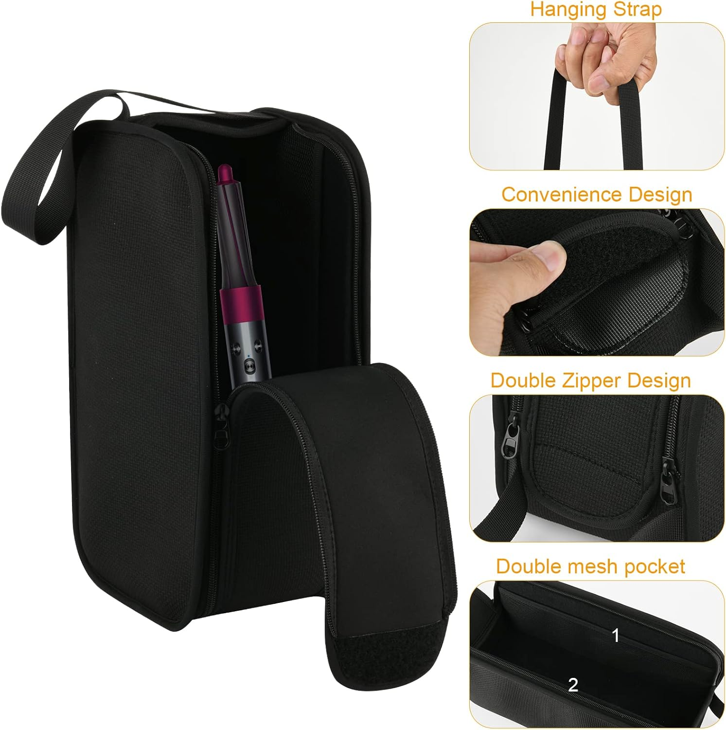 Beautyflier Travel Case for Dyson Airwrap Styler Attachments Hair Dryer Organizer Portable Anti-Scratch Dustproof Protection Storage Bag with Hanging Strap, Black, Hair Dryer Case with Hanging Strap