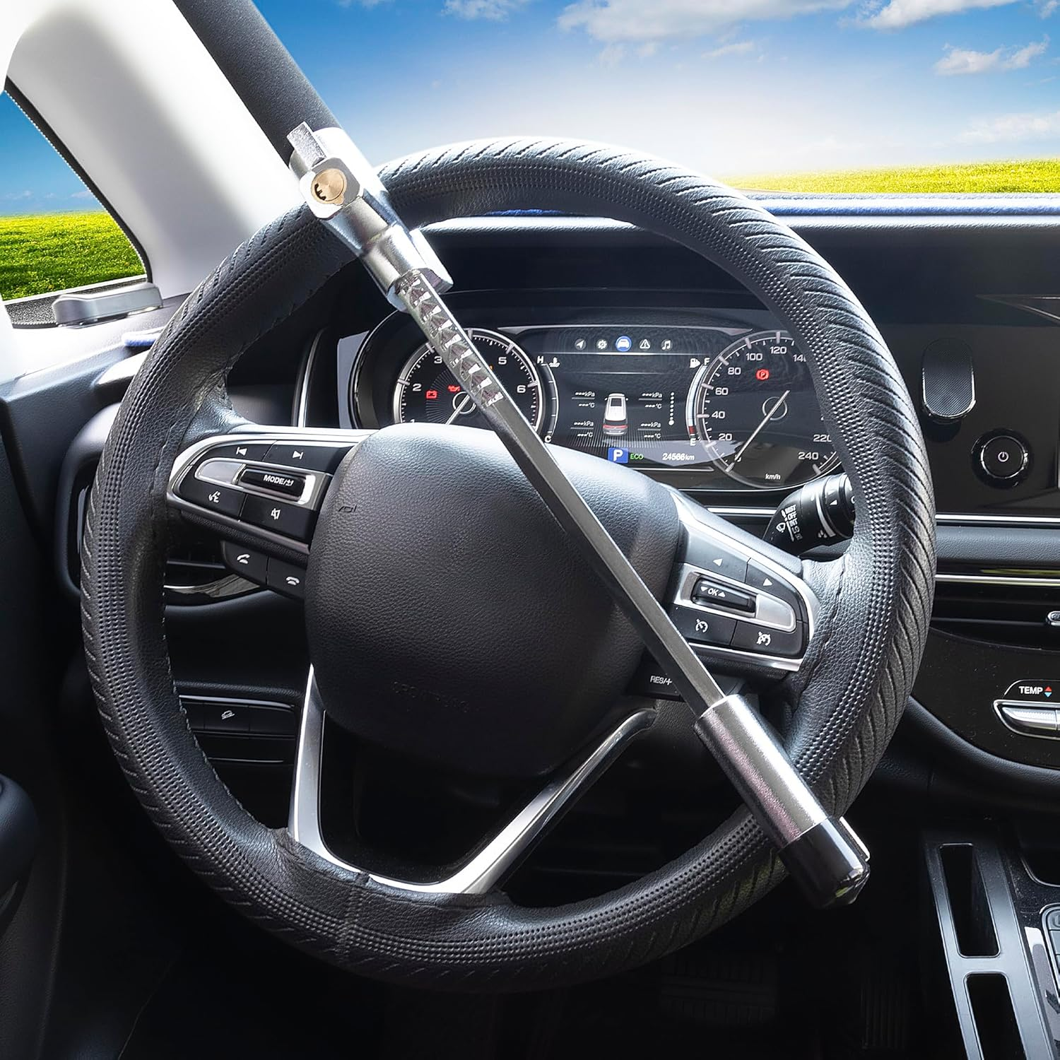 4-In-1 Steering Wheel Lock with Flashlight/Sos LED Ligth,Seat Belt Cutter,Escape Hammer,2 Keys Retractable Steering Lock,Vehicle Anti-Theft Lock，Universal for Auto/Truck/Suv/Van Black image number 3