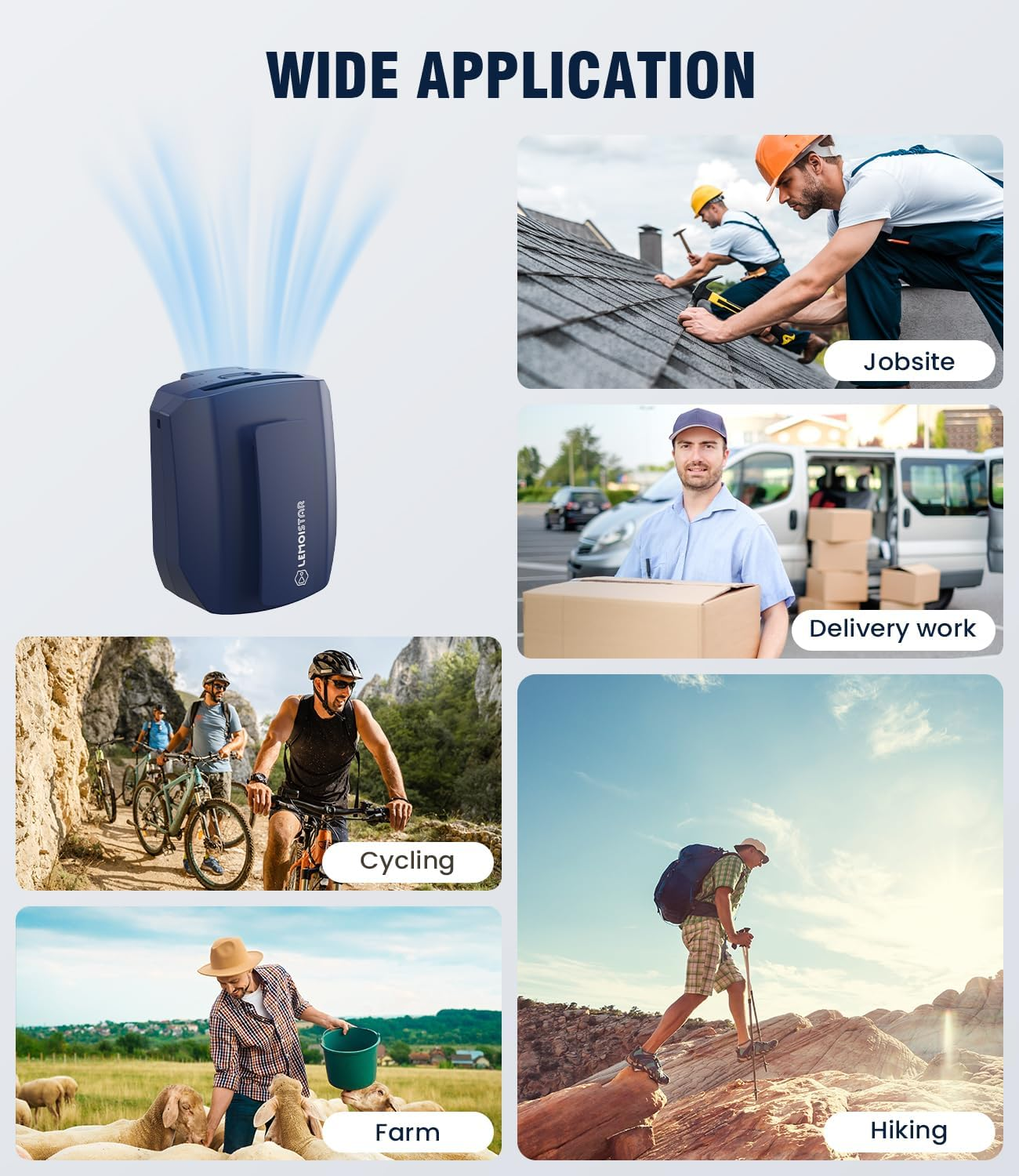 LEMOISTAR Portable Mini Waist Clip Fan, 5000Mah Battery Operated Hand-Free Wearable Necklace Fan, Max 20H Working Time, 3 Speeds, Rechargeable USB Personal Cooling Fan for Garden,Traveling-Blue image number 6