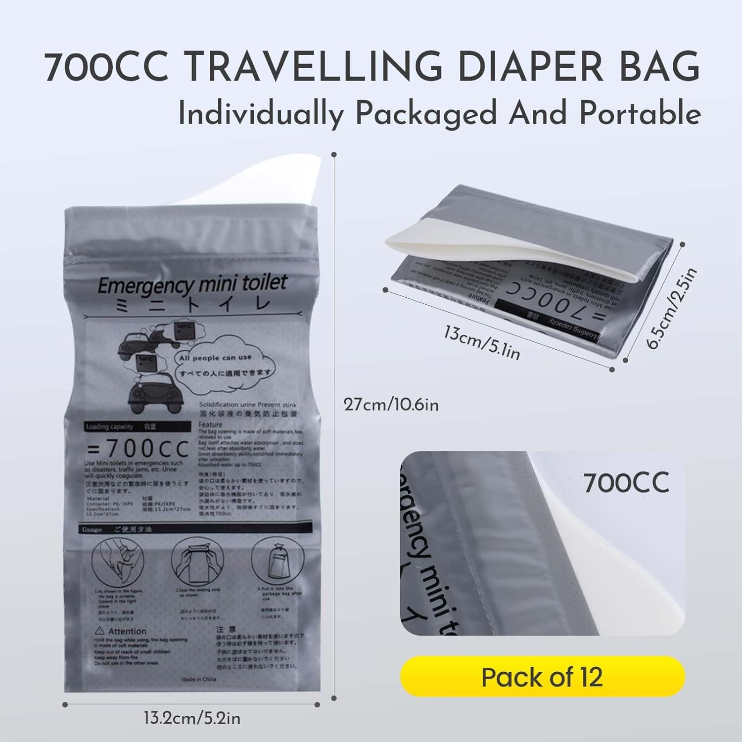 12 Pcs 700ML Emergency Urine Bag,Disposable Urinal Portable Toilets for Adults,Camping Toilet Travel Urine Bag Leak Proof Sealed Design Lightweight Foldable for Hiking Pregnant Women Children(Grey) image number 2
