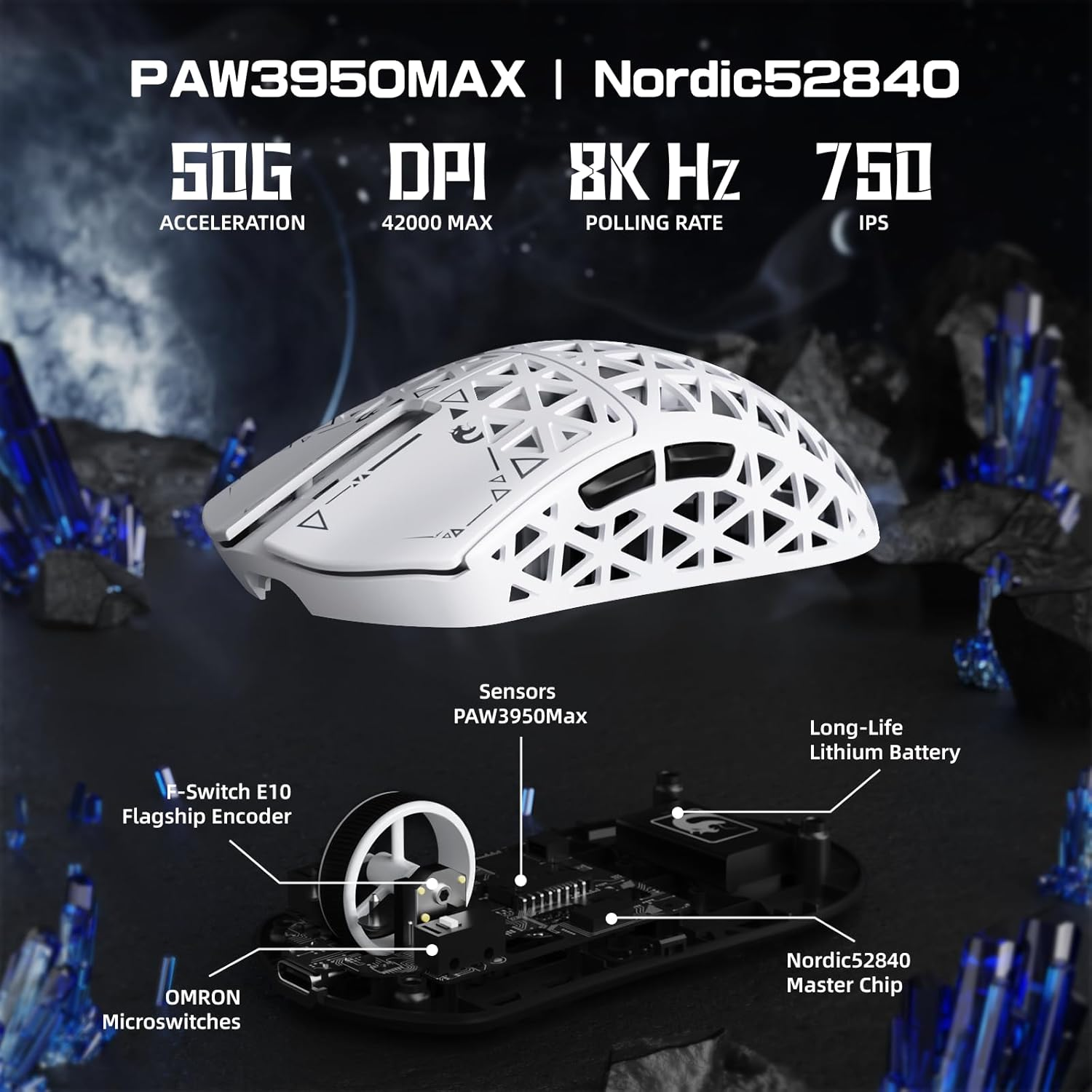 MAMBASNAKE M5 Ultra 39G Carbon Fiber Wireless Mouse, 42K DPI PAW3950 Sensor, 8Khz Polling Rate Gaming Mouse, Tri-Mode 2.4Ghz/Bt/Wired Computer Mice, Web Driver, for Win/Mac/Fps/Moba/Esports-White image number 1
