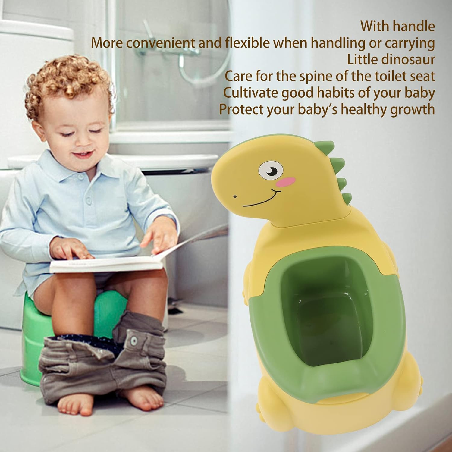Potty Training Toilet, Non Slip Rubber Base Cartoon Dinosaur Potty Training Seat Thickened Plastic Ergonomic Design Portable Dinosaur Training Potty with Brush for Boys and Girls (Yellow)