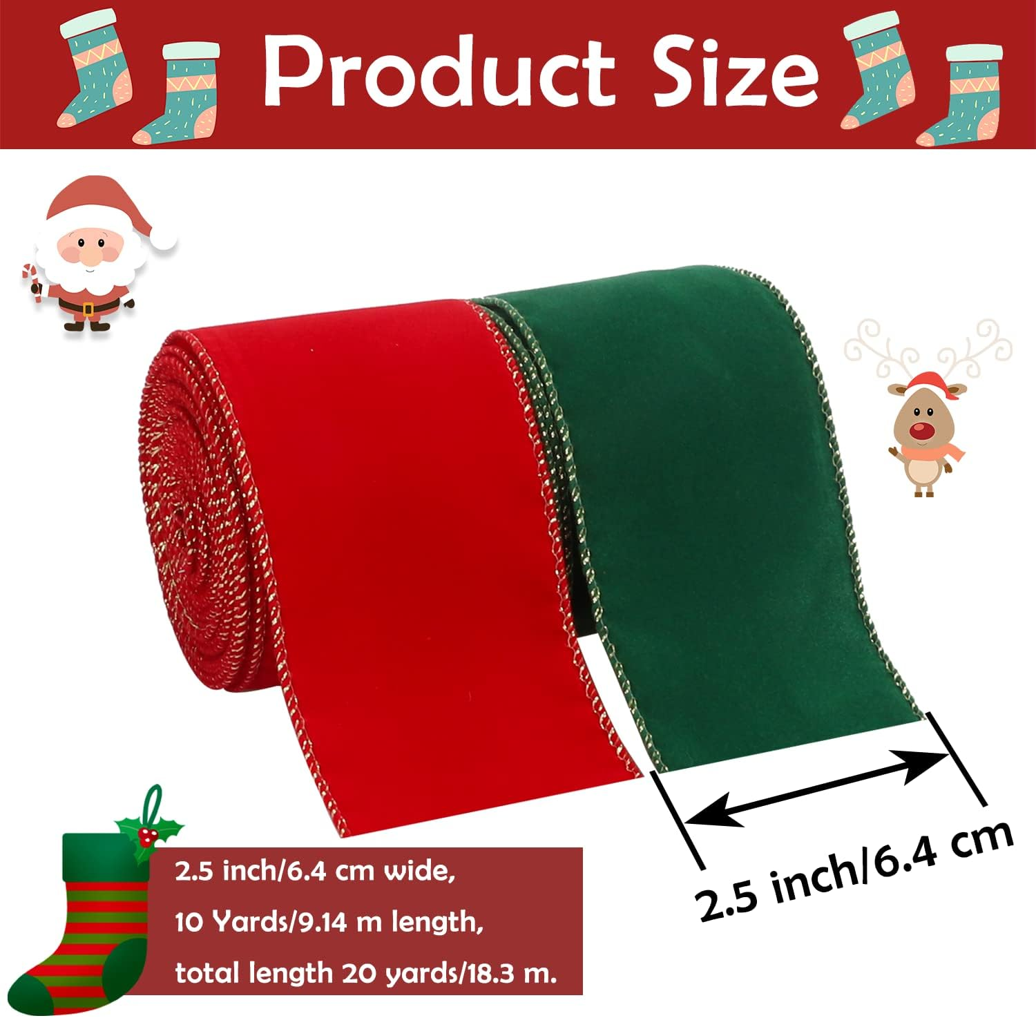 2 Rolls Christmas Wired Ribbon, 2.5 Inch X 10 Yards Red Green Velvet Xmas Ribbon with Gold Edge Vintage Christmas Ribbon for Christmas DIY Craft Home Garland Bow Door Wreath Decorations image number 4