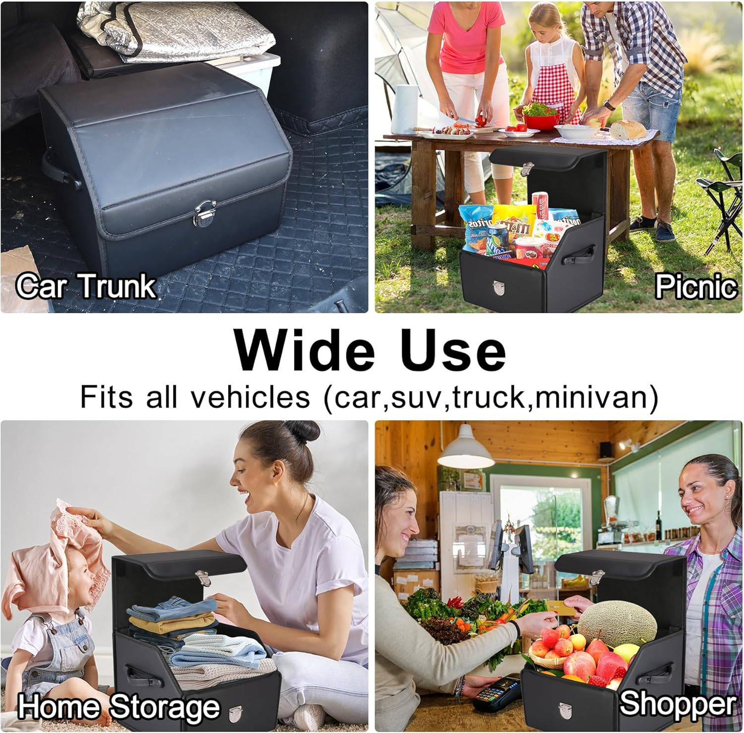 Car Organizers for Trunk for Suv Sedan, Car Trunk Organizer, Leather Storage Box, Extra Large Boot Organiser, Button Lid,Collapsible Adjustable Multi Compartment Auto Boot Tidy (Black-Small)