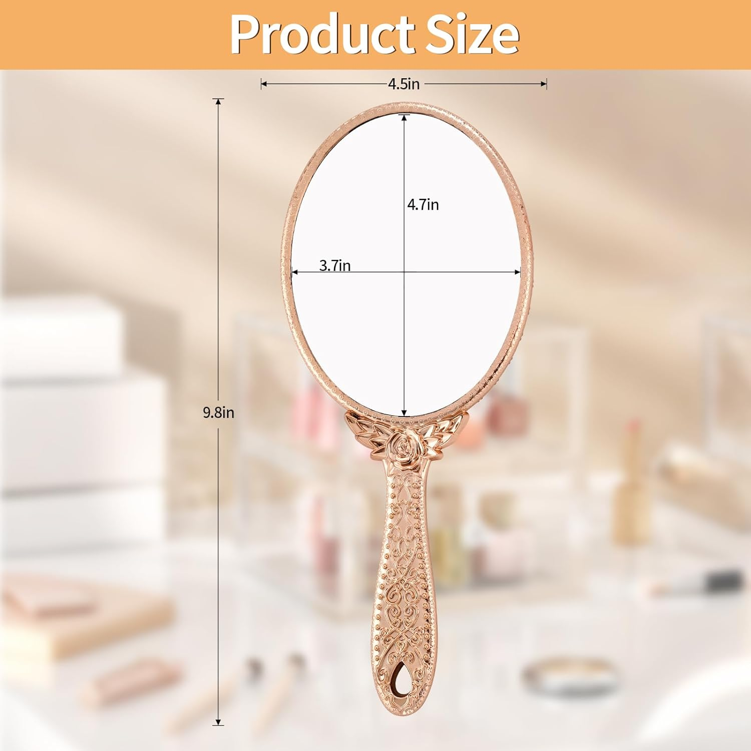 XPXKJ Handheld Mirror Handle Vanity Makeup Home Salon Travel Use (Carved Oval, Rose Gold)