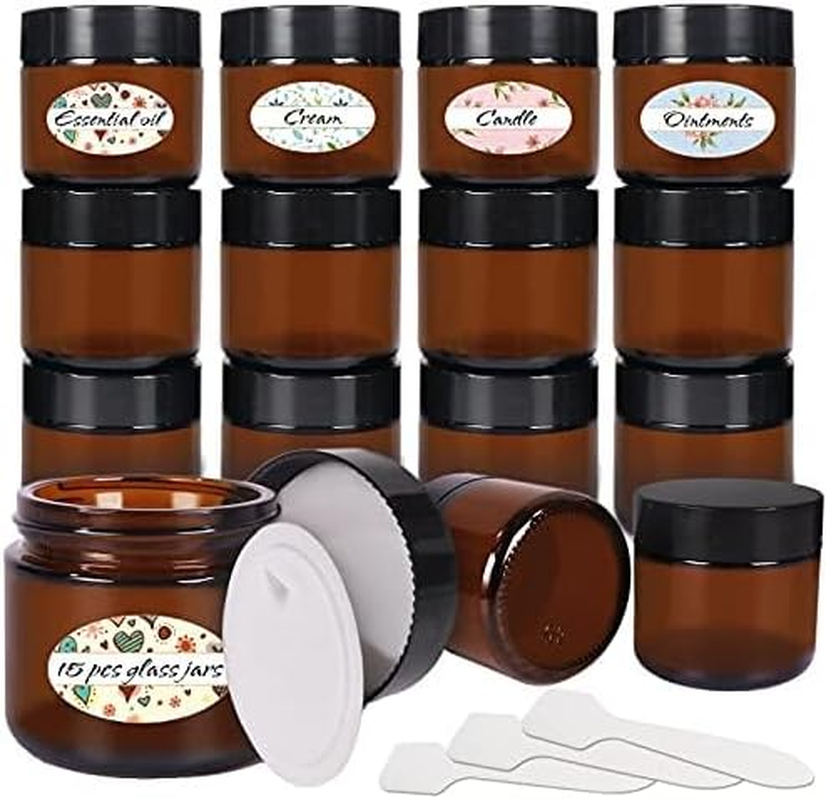 Keketin 2 Oz Amber Glass Jars,15 Pack Empty Cosmetic Containers with Inner Liners and Black Lids,Refillable round Cream Jars for Lotion,Ointments,Bath Salts,Makeup,Slime and Travel image number 2