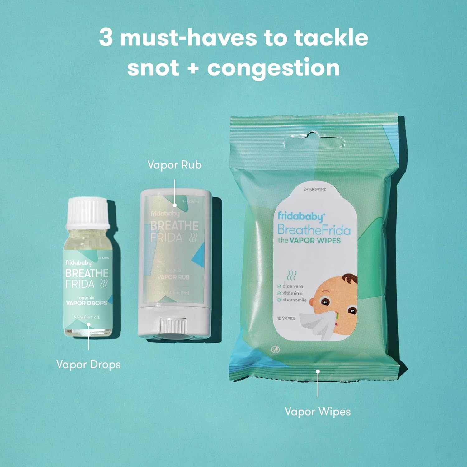 Baby & Toddler Breathe Easy Kit Sick Day Essentials by Fridababy- a Must-Have Set Includes Natural Nose & Chest Wipes, Organic No-Mess Chest Balm, & Organic Essential Oil for Bath or Diffuser
