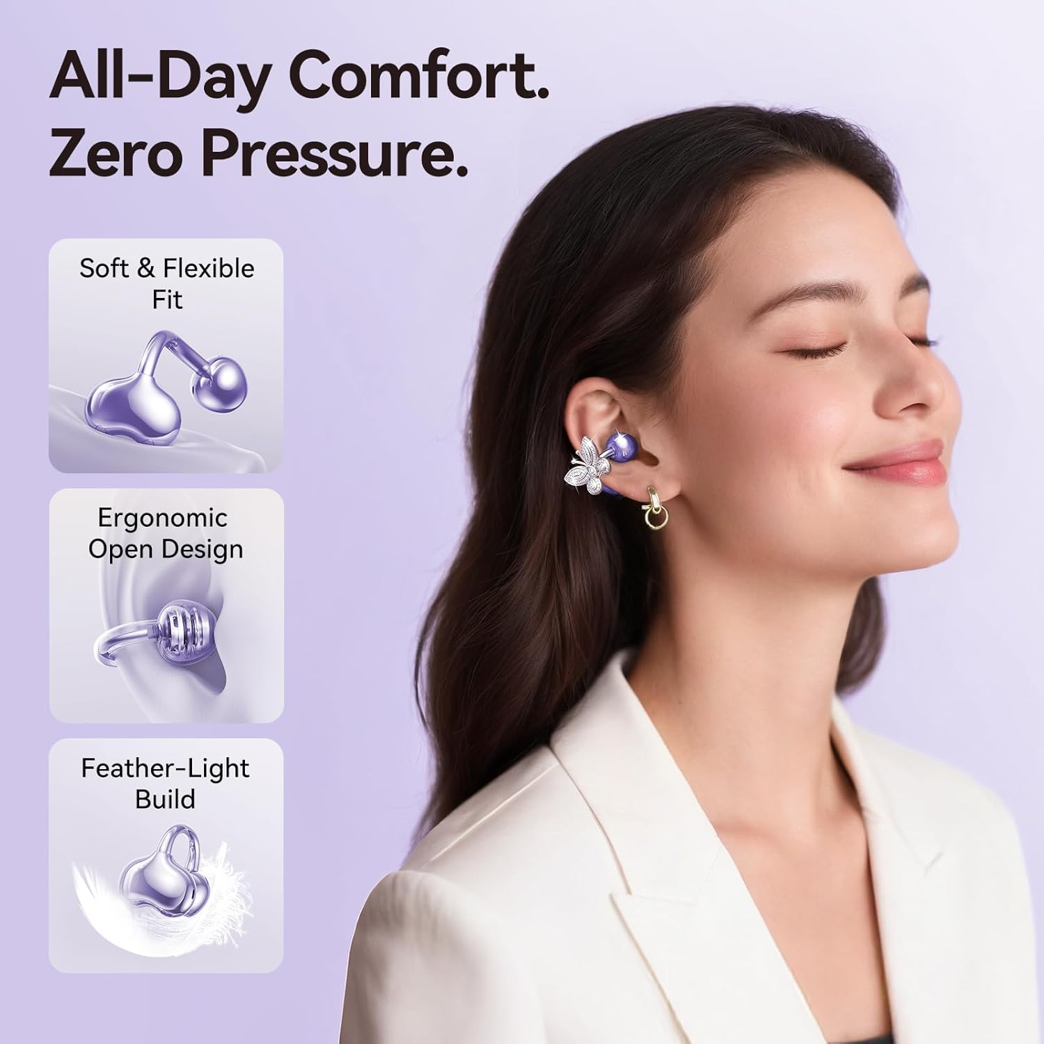 Kinglucky Clipfree Open-Ear Headphones, Butterfly-Inspired Ear-Cuff Design, Stylish & Comfortable Clip-On Ear Buds, Wireless Earbuds for Women, Long Battery Life, Great for Gifting - Purple