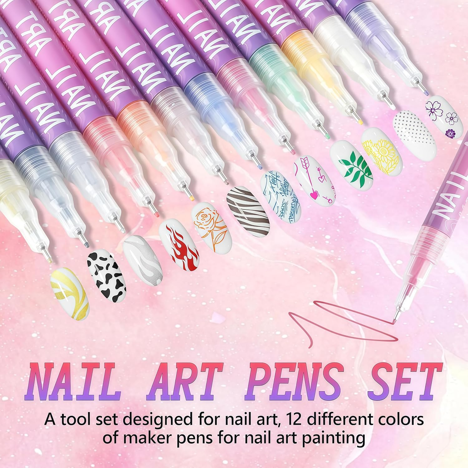 Nail Art Pens Drawing Set, 12 Colors 3D Quick-Dry 0.5MM Nail Polish Pens, 2026 DIY Nail Art Marker Graffiti Dotting Pen for Nails Art Design Manicure Nail DIY Decoration image number 5