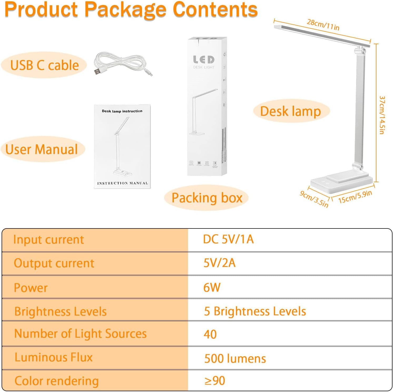 LED Desk Lamp Eye-Caring Touch Control Table Lamp with USB Charging Port 3 Lighting Modes 5 Brightness Levels for Office Study Room Bedroom (White) image number 5