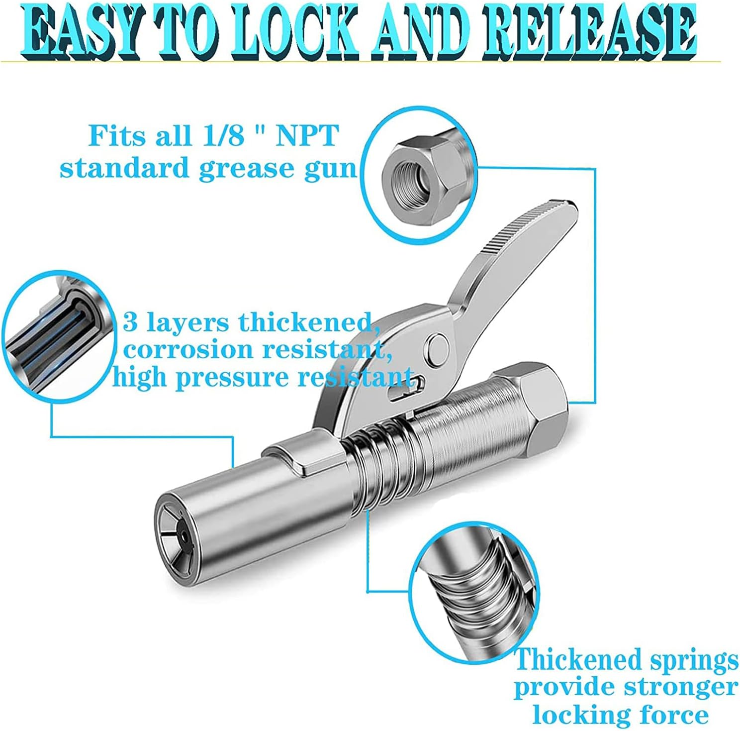 YUENTOEN Grease Gun Coupler, High Pressure Grease Nipple, Heavy-Duty Quick Lock and Release Grease Coupler, Rated 12000 PSI, Compatible with All Grease Guns 1/8" NPT Grease Gun Fittings image number 5