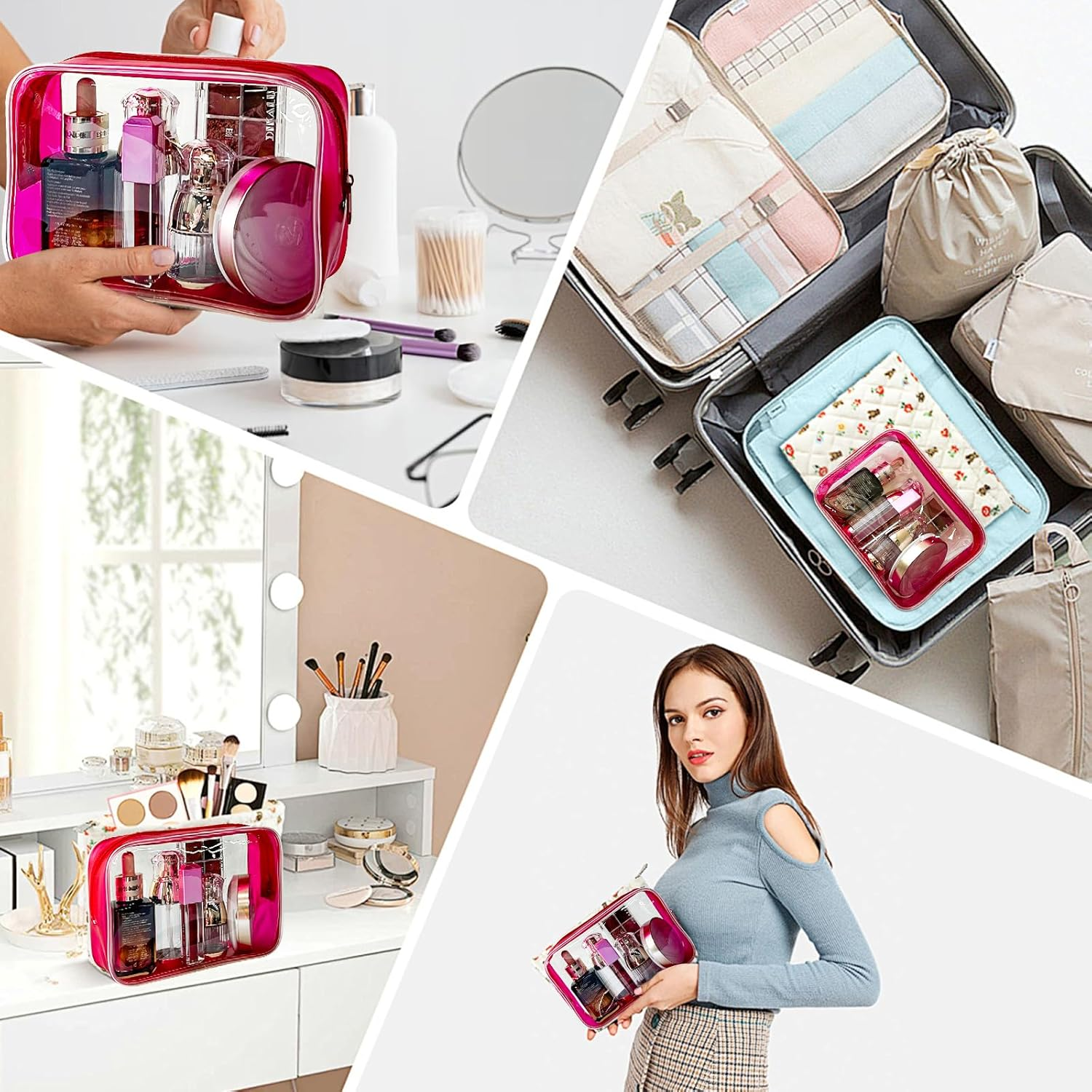 Toteprint Waterproof Cosmetic Bag with Zip Transparent with Coloured Frame Travel (18 X 12 X 6 Cm) - for Men and Women, Red, Modern image number 3