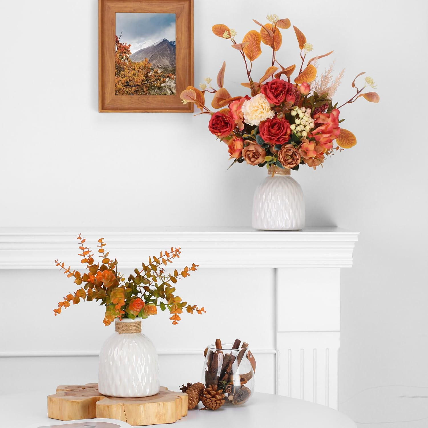 Artificial Fall Floral Arrangement with Orange Leaves and Red Roses in White Ceramic Vase, Autumn Home Decor (Orange Leaves + Ceramic Vase) - Orange Leaves + Ceramic Vase image number 5