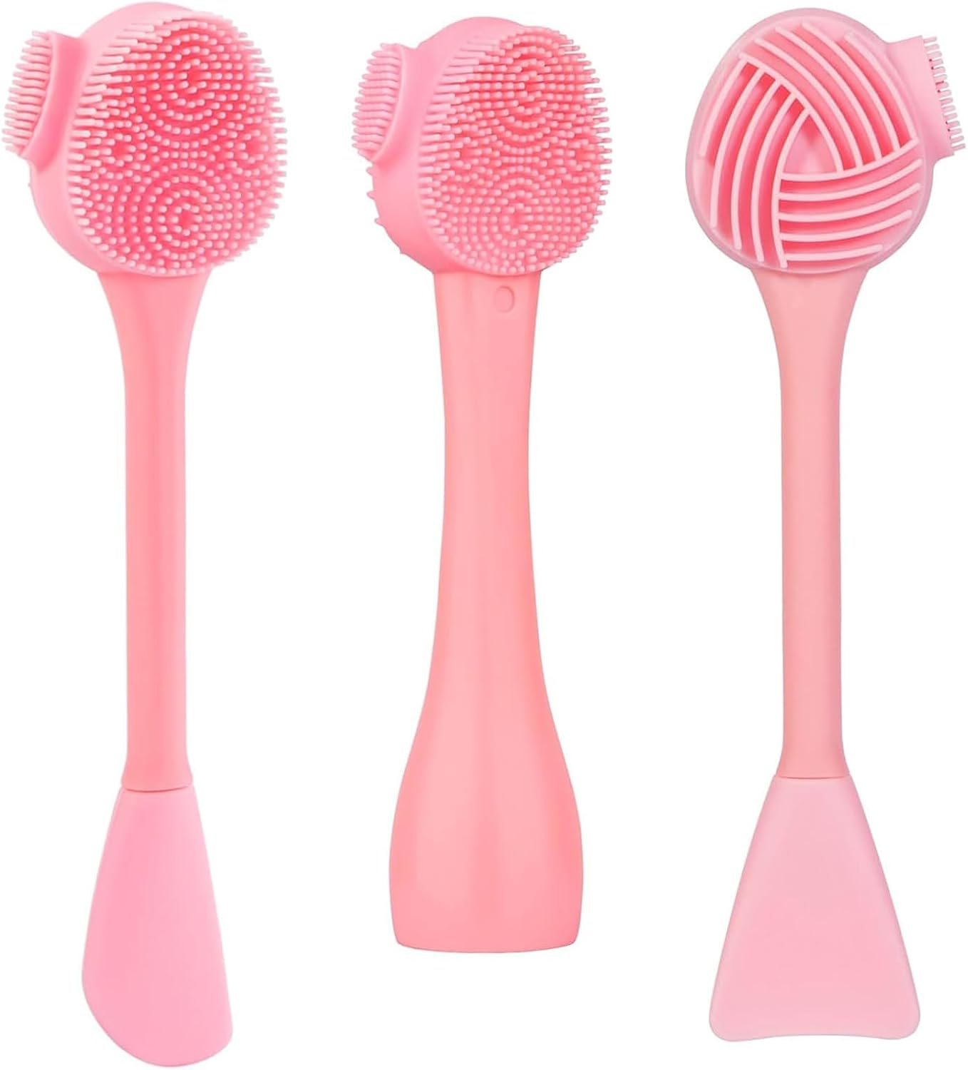 Silicone Facial Cleansing Brush 3 Designs,4 in 1 Handheld Face Scrubber for Deep Gentle Exfoliating, Double-Ended Face Wash Scrub Brush for Face Skincare and Massage (Pink) image number 1