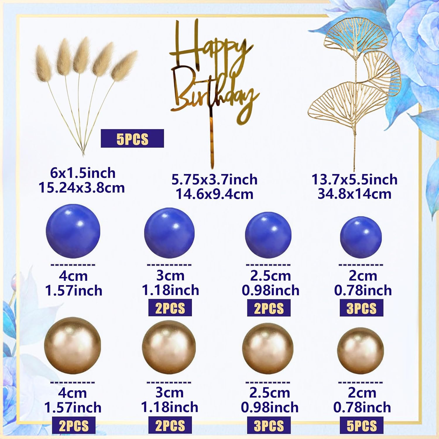 Jevenis Blue and Gold Cake Decorations Gold Birthday Cake Toppers Men for Birthday Wedding Baby Shower Party Decoration