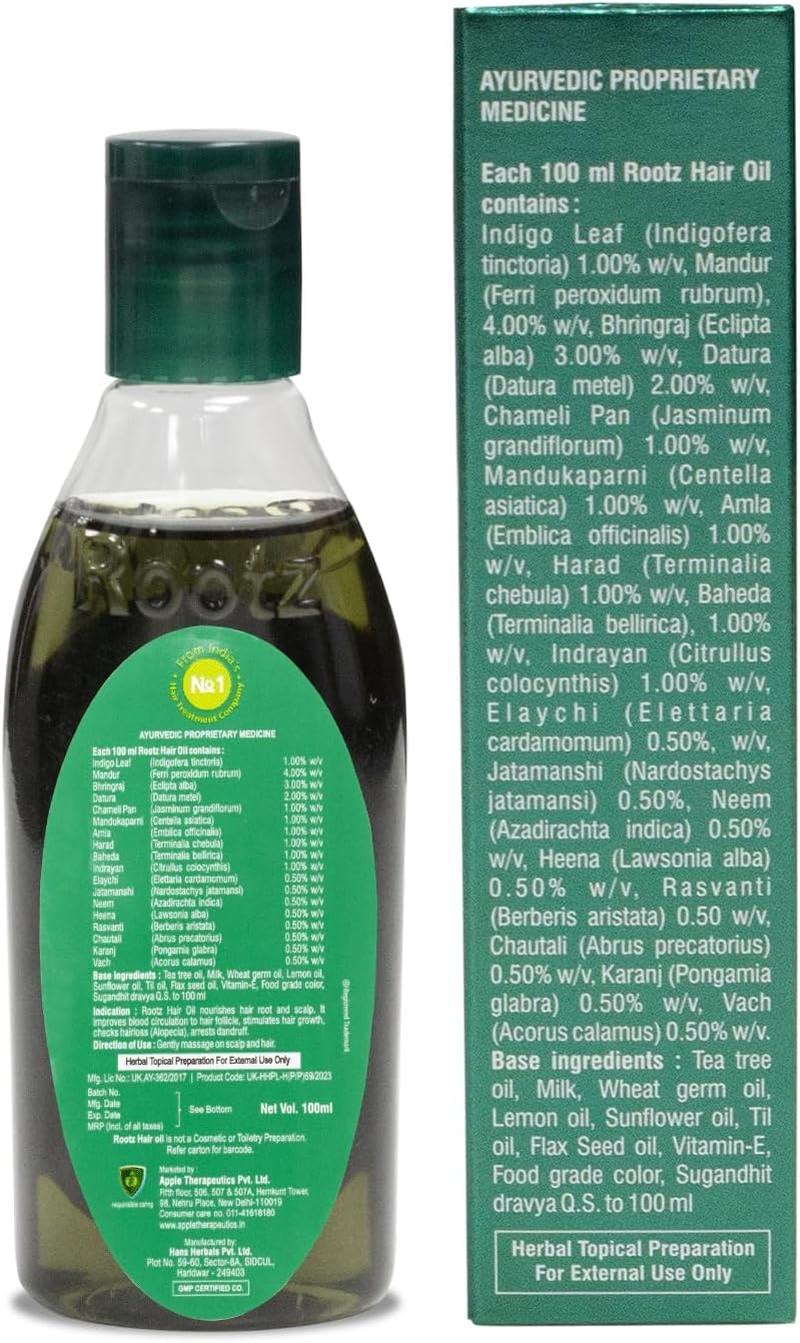 APPLE THERAPEUTICS Rootz Hair Oil (100 Ml) | Dermatologist Recommended Natural Hair Growth Oil Anti-Hair Fall & Hair Vitality | Made by Kshir Pak Vidhi for Hair Fall