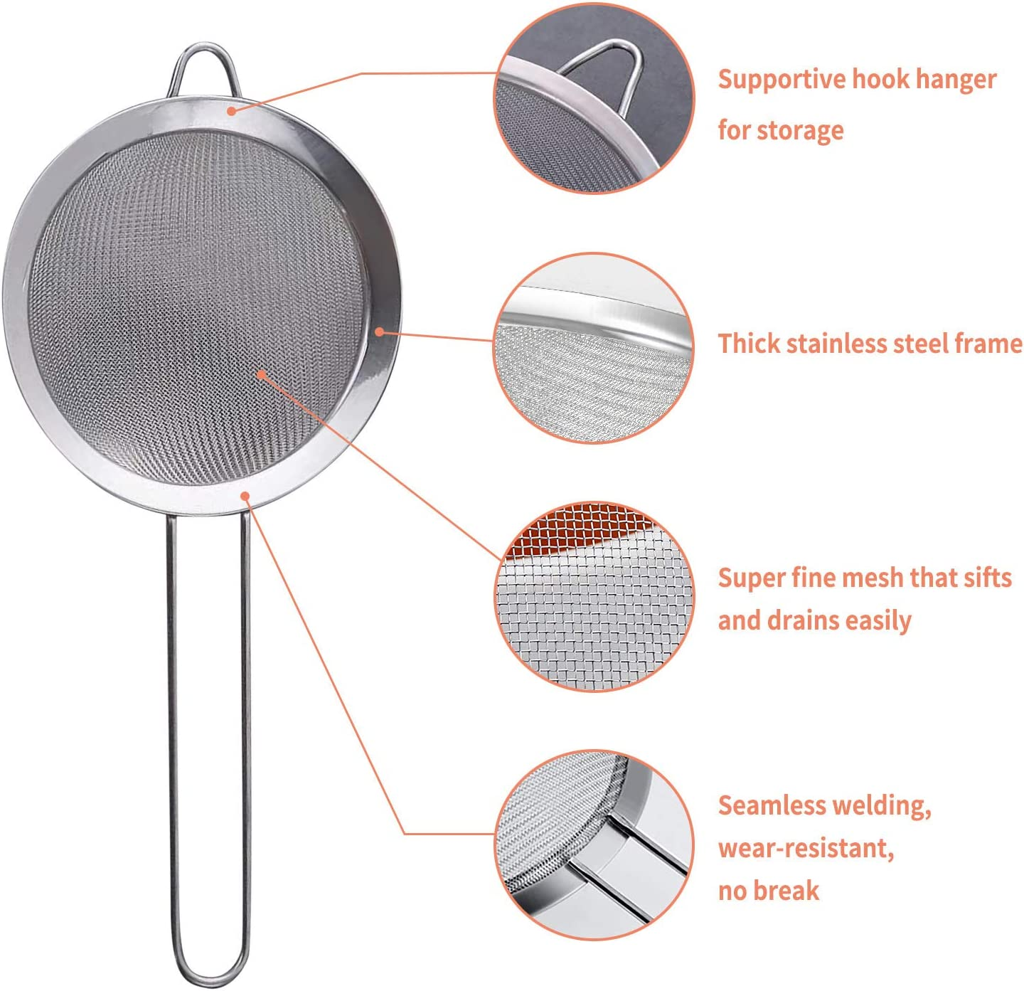 Set of 5 Fine Mesh Strainer, Stainless Steel Colander Kitchen Sieve Sifters for Kitchen Food, with Handles, Small Medium Large Size (5Pcs) - Silver image number 4