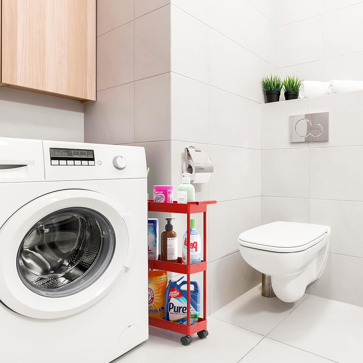 Simplehouseware 3-Tier Slim Rolling Cart with Handle and Hooks for Kitchen and Bathroom Trolley, Red image number 3