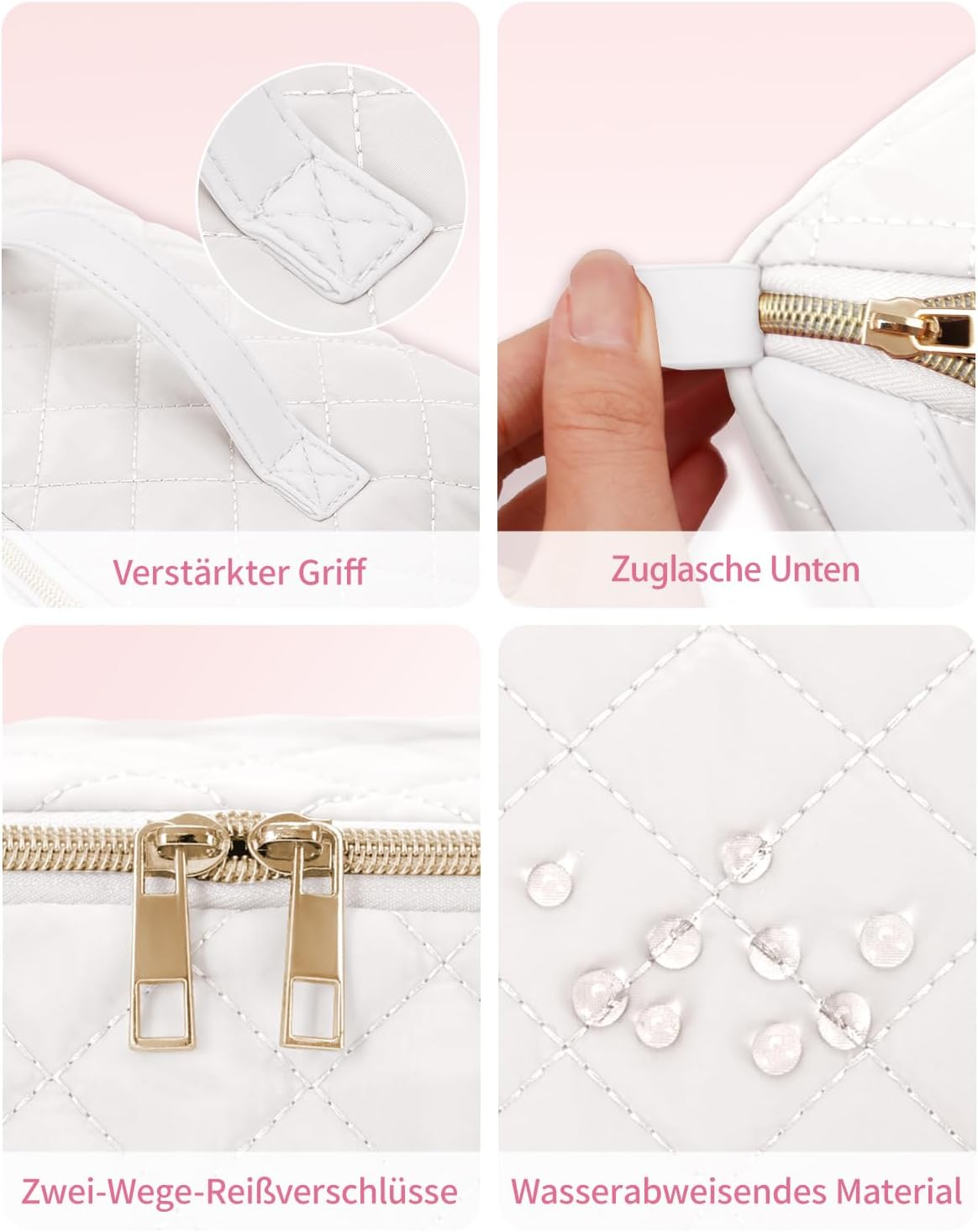 Women'S Large Travel Cosmetic Bag - Portable Makeup Bag with Handle & Transparent Separator - Water-Repellent Toiletry Bag Made of Quilted Fabric for Everyday & Bathroom (Patent Pending), Beige - Pink image number 6