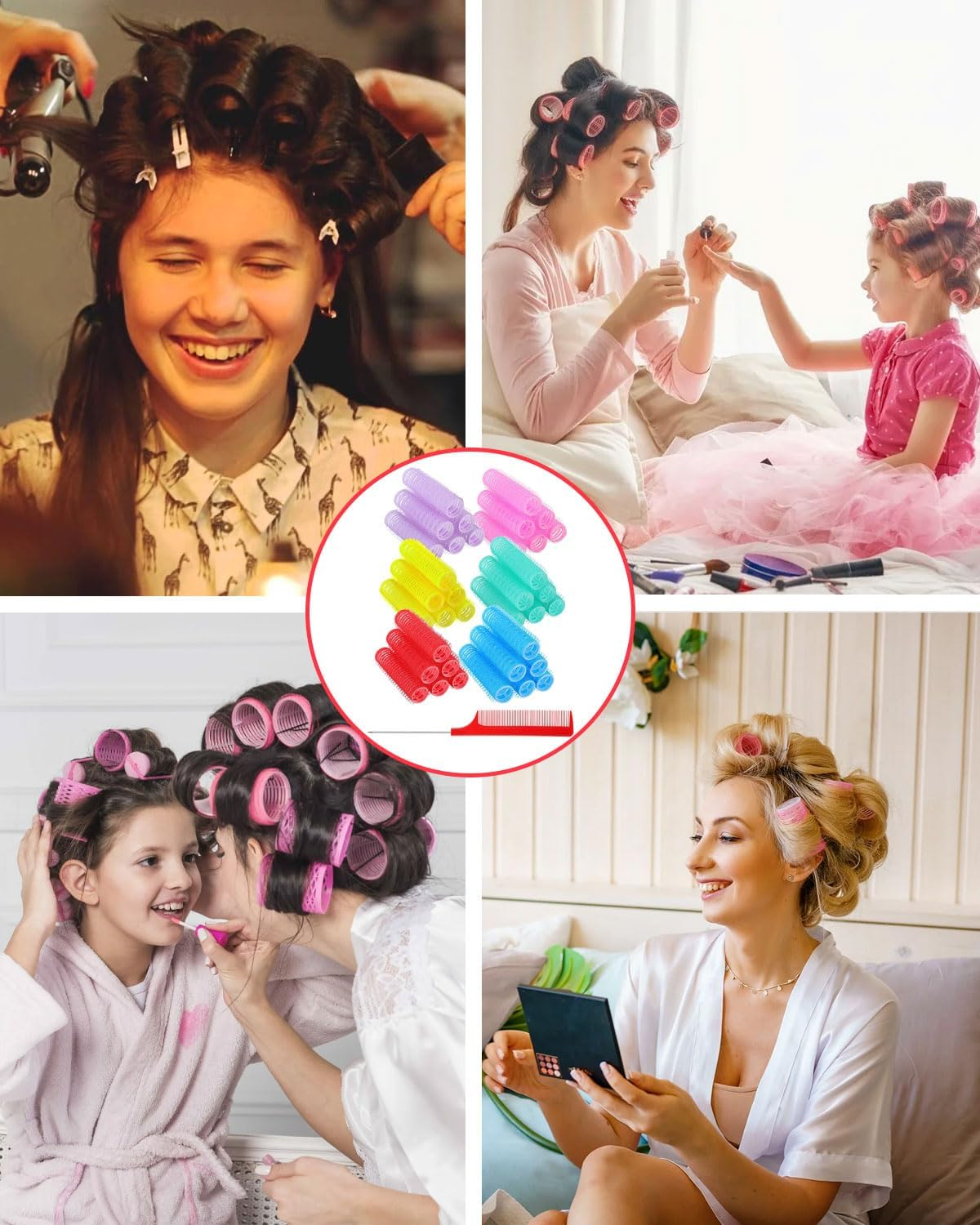 TPZORJX 37 Pieces Manual Hair Rollers Self-Adhesive for Salon, Hairdressing Salon, Rat Tail Comb, DIY Curling Iron with Steel Pin Pointed Tail Comb