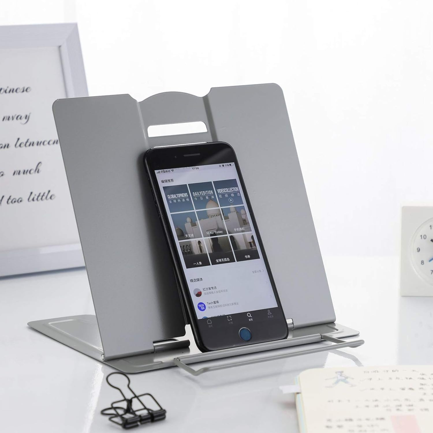 Desk Book Stand Metal Reading Rest Book Holder Angle Adjustable Stand Document Holder Portable Sturdy Lightweight Bookstands-Textbooks Tablet Music Books Cook Recipe (Grey) image number 5