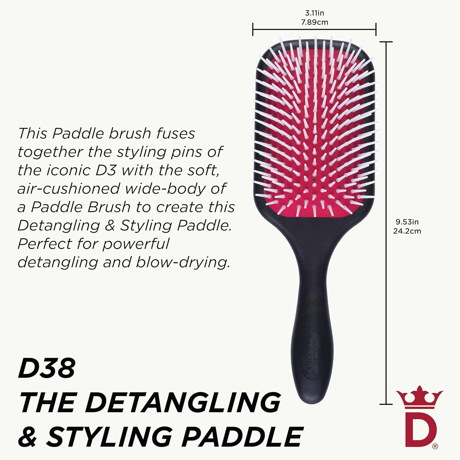 Denman Detangler D38 Hair Brush for Fast and Comfortable Detangling, Blow Drying and Styling - Combination of D3 Styling Pins & Paddle Brush - for Women and Men (Red & Black) - Pink Crush image number 5