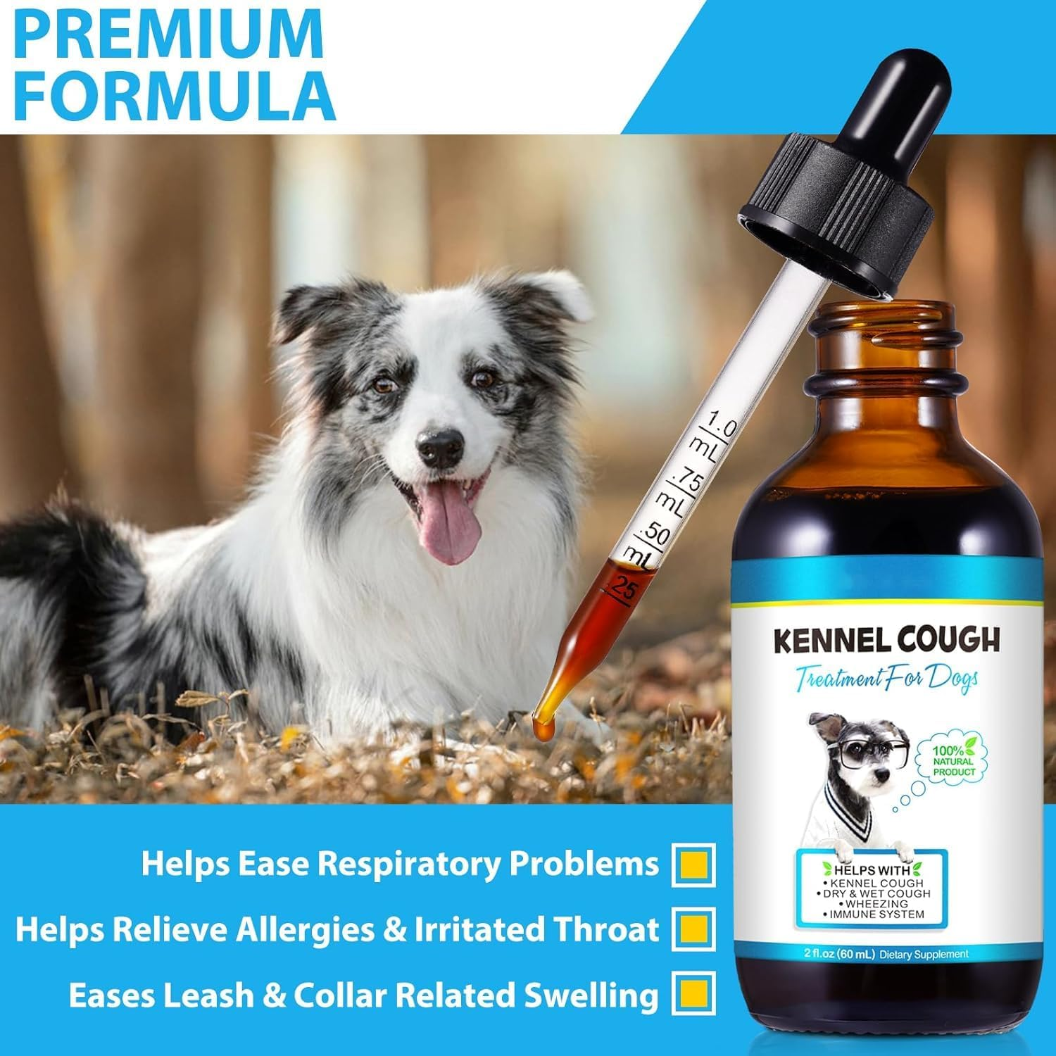 Natural Herbal Cough Drops for Dogs - Kennel Cough Relief & Respiratory Support - Soothes Dry/Wet Cough, Throat Congestion & Wheezing - All Breeds & Sizes - 60Ml Vet-Approved Formula image number 1