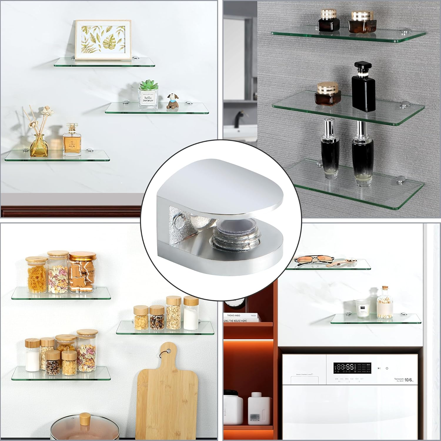 Alise Glass Shelf Bracket,Adjustable Clamp Brackets for Shelves,Wall Mount Clamps for 5-8Mm Glass Shelves,Bathroom Clip Holder Support Hardware Replacement Parts,Polished Chrome Pack of 4 image number 6