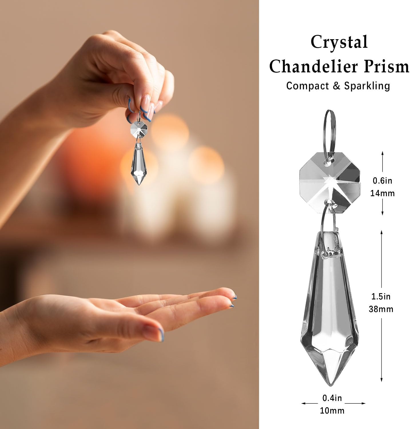 HDCRYSTALGIFTS Clear Chandelier Icicle Crystal Prisms Octogan Glass Bead for Lamp Decoration,Pack of 50 (38Mm&Silver Circle Clips) - 20Pcs_Silver Connector image number 5