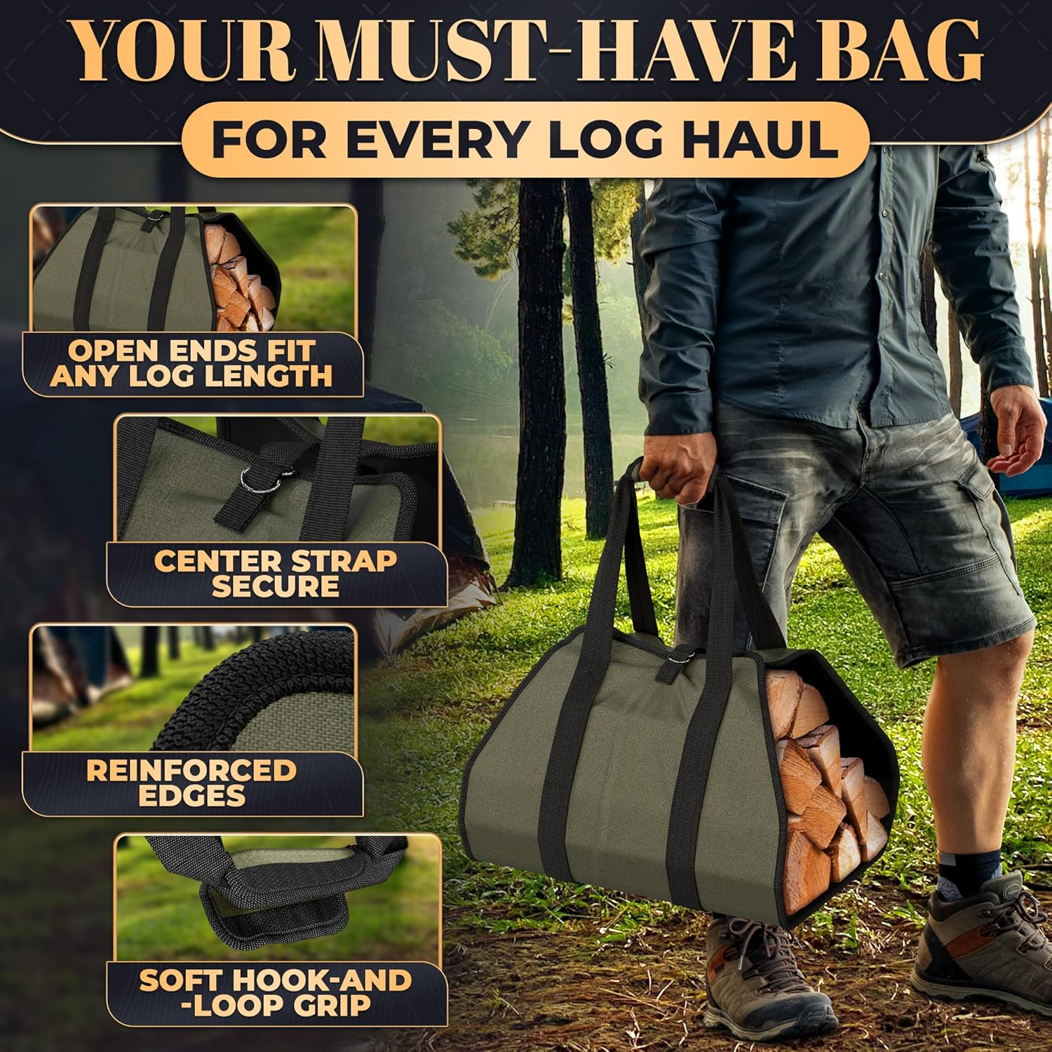 Waxed Wood Carrier for Firewood - 39.4X18.5 Inches Fireplace Log Holder Log Carrier for Firewood Fireplace Wood Holder Indoor Fire Log Holder - Firewood Carrier Canvas Log Holders for Firewood Outdoor image number 6