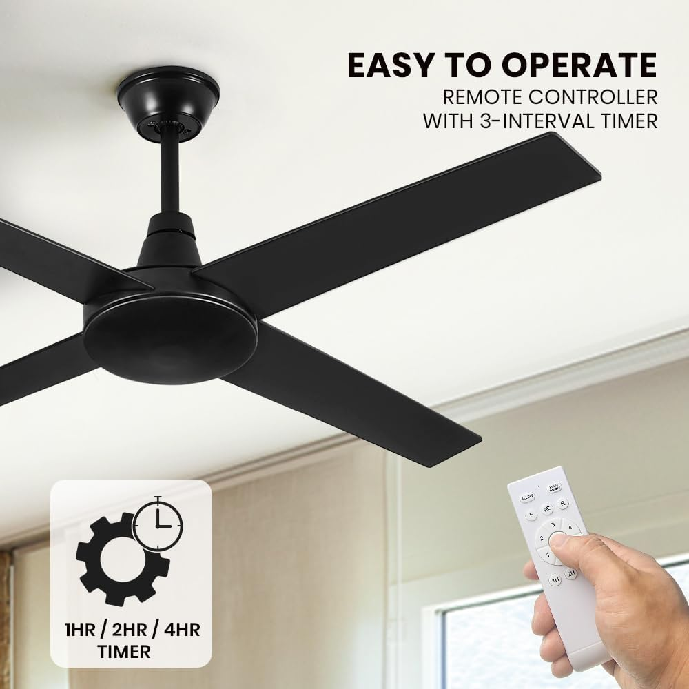Krear 52" Ceiling Fan with Remote Control, Wood Ceiling Fans with 4 Blades, 6 Speed DC Motor, Indoor Outdoor Ceiling Fan for Patio, Bedroom, Living Room, Office, Black