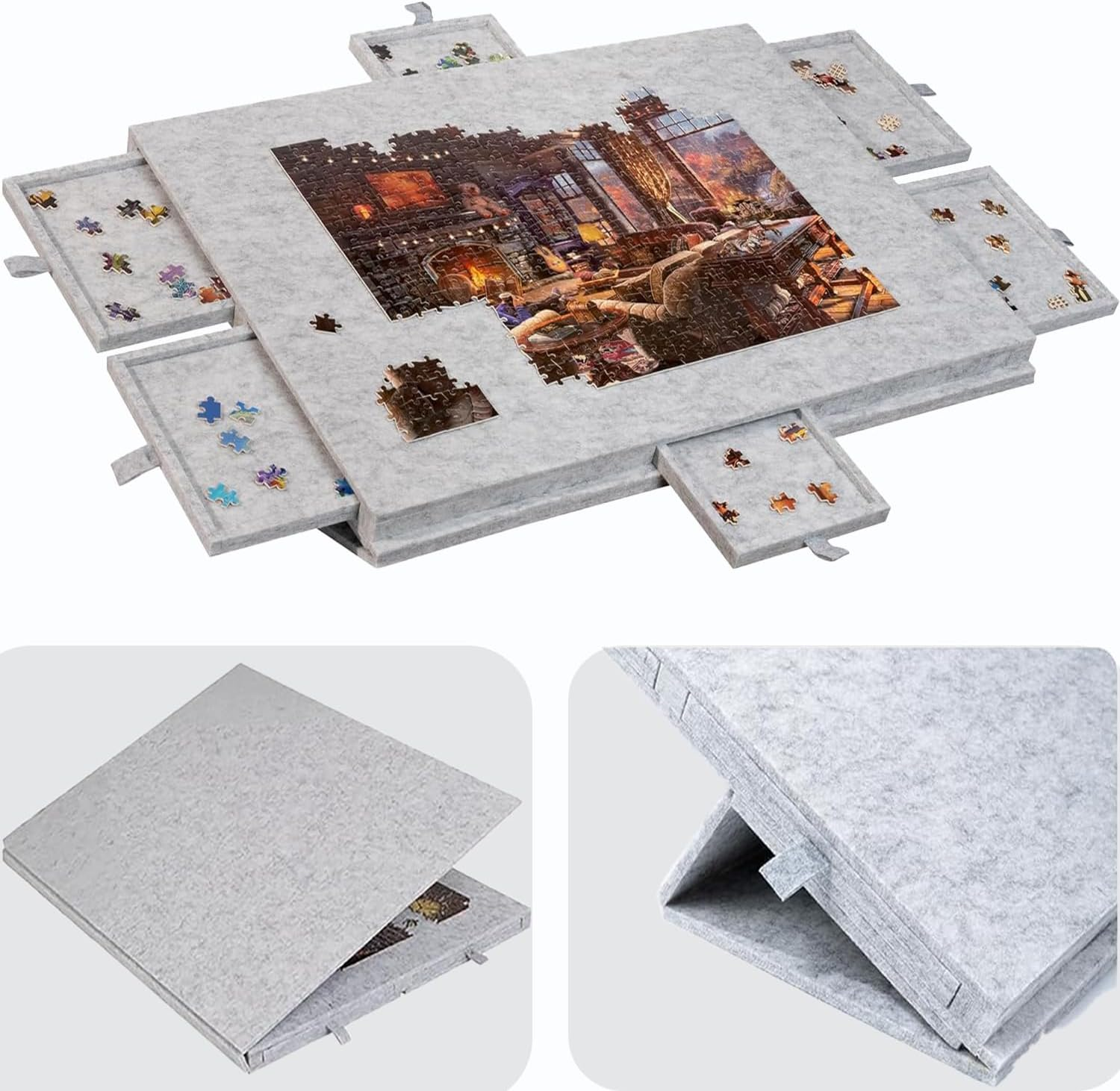 VLIEOVHN 1000 Pieces Foldable & Tilting Puzzle Board with 6 Drawers & Cover, Lightweight Jigsaw Puzzle Table with Built-In Stands for Angle Adjustments, Portable Jigsaw Puzzle Table (Gray)