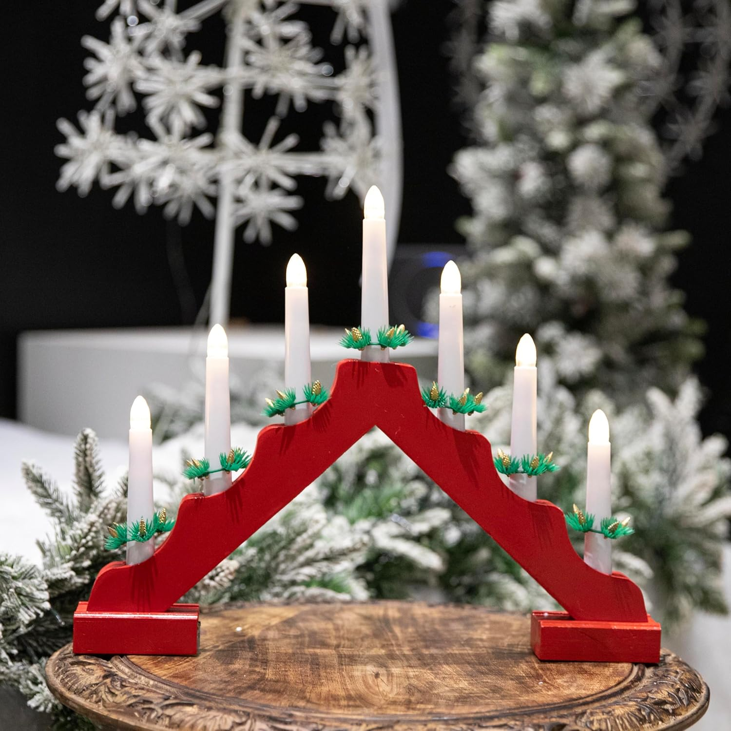 SHATCHI Traditional Wooden Pre-Lit Red Candle Bridge Light 7 Leds Bulbs - Battery Powered - Window Christmas Tree Home Office Desk Light Holiday Xmas Festive Decoration image number 3