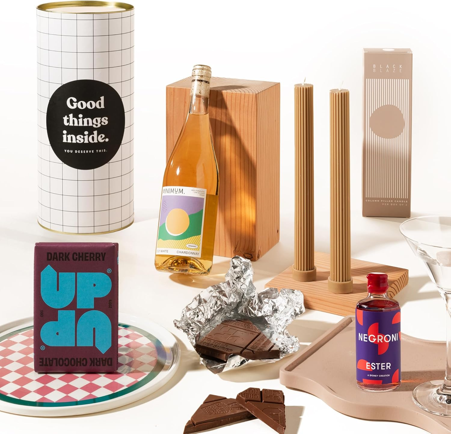 Luxury Wine & Candle Gift Hamper | Marvellous Mary Gift Box by Good Day People | Australian White Wine, Negroni Cocktail, Black Blaze Candle & Up-Up Chocolate &ndash; Boutique Celebration Hamper in Signature Canister image number 4