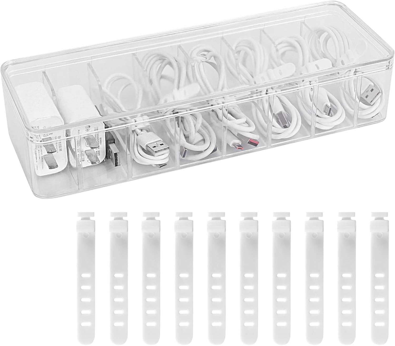 FYY Clear Electronics Organizer Box - with 10 Wire Ties, Desktop Cable Management Box with Lid, Acrylic Cord Organizer Case 8 Compartment Electronic Accessories Case for Desk Drawer, Office, Home image number 5