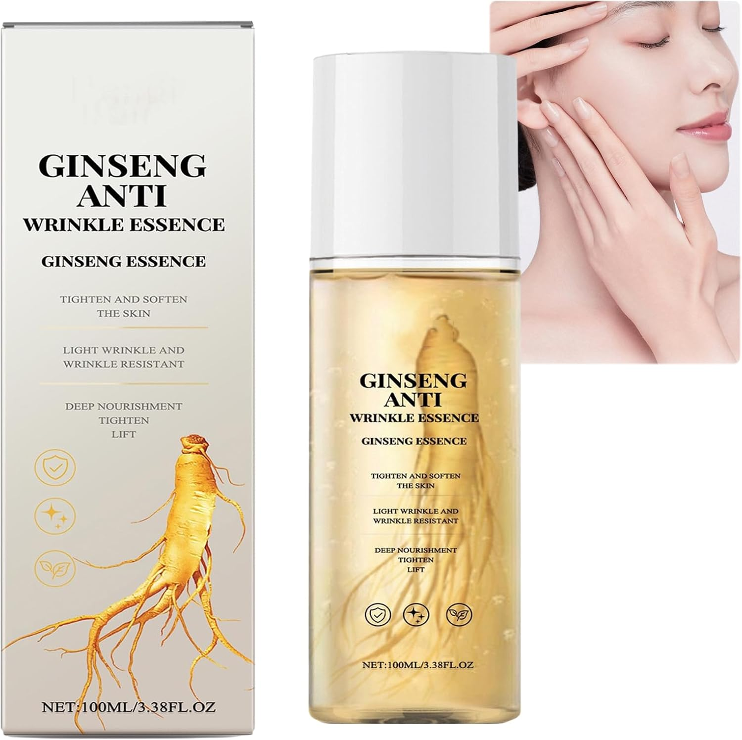 Ginseng Anti-Aging Serum Essence, Gold Ginseng Peptide Firming Serum for Face, Reduces Wrinkles & Fine Lines, Tightening & Lifting for Mature Skin, Hydrating Essence Water for All Skin Types (4PCS)