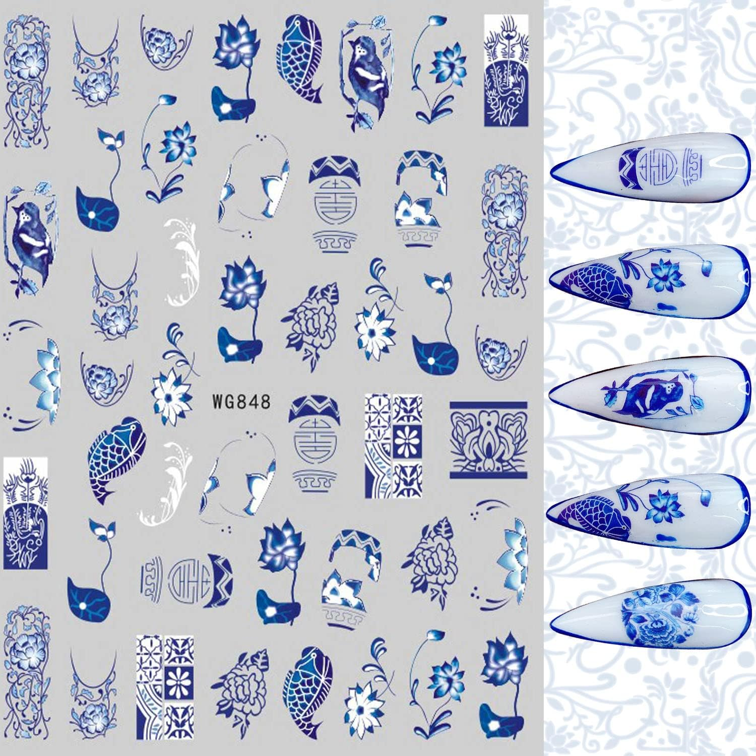 8 Sheets Blue and White Porcelain Nail Art Stickers Decals Self-Adhesive Pegatinas Para U&ntilde;as Retro Elements Tiger Lion Dragon Flowers Design Manicure Tips Nail Decoration for Women Girls - White,Yellow image number 4