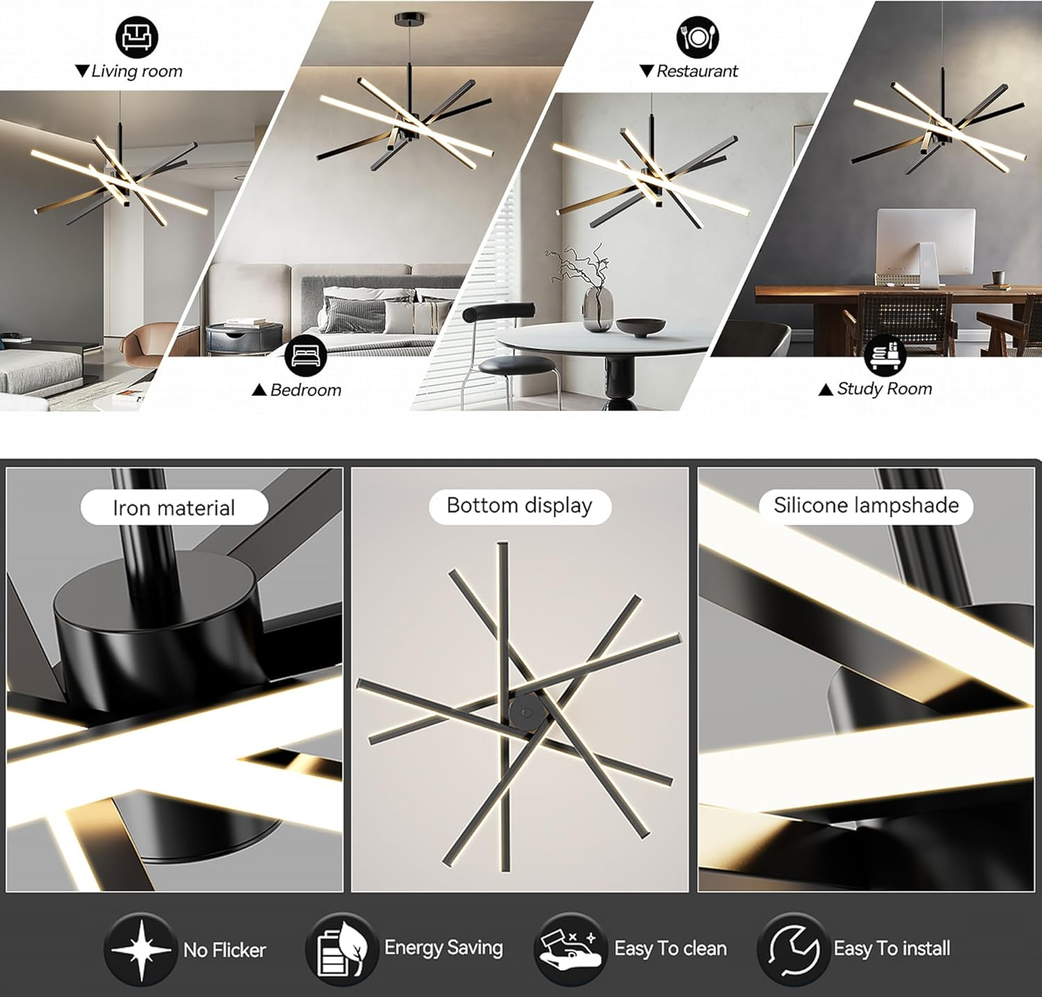 LED Pendant Light Chandelier - Linear Modern Adjustable Hanging Island Ceiling Light Fixture for Dining Room Kitchen Living Room Bed Room (Black) image number 1