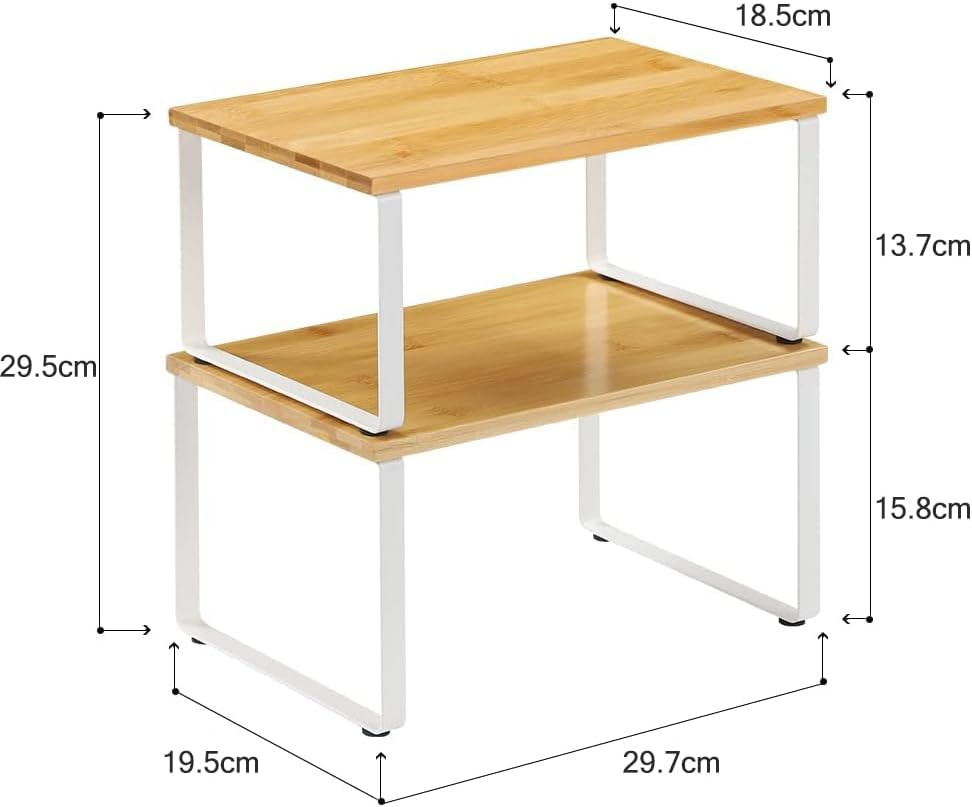 Cabinet Shelf Organizers Spice Rack, Set of 2, Kitchen Cabinet and Counter Shelf Organizer, Storage Shelves for Countertop, Stackable & Expandable, Metal White, Nature, 19.5 X 29.7 X 15.8 Cm image number 2