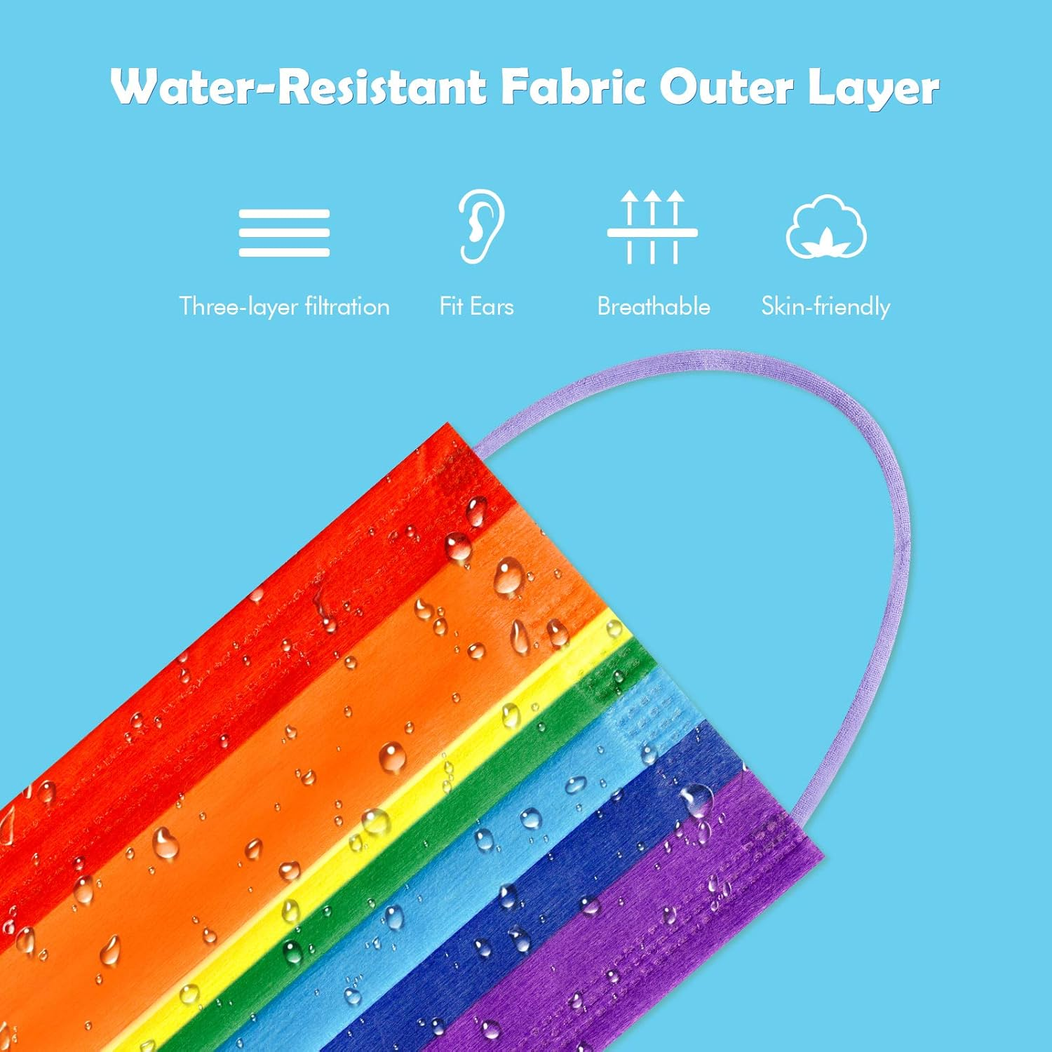 Kids' 60PCS Disposable Face Mask Rainbow Colors Individually Packaged 3-Layer Filter Purple Color Soft Elastic Earloop Nonwoven Fabric image number 4